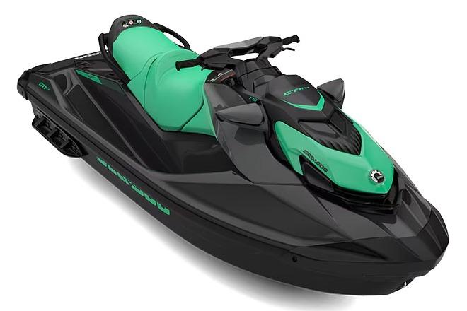 Manufacturer Provided Image: 2026 Sea-Doo GTI SE 170 jet ski, black and green design, side view.