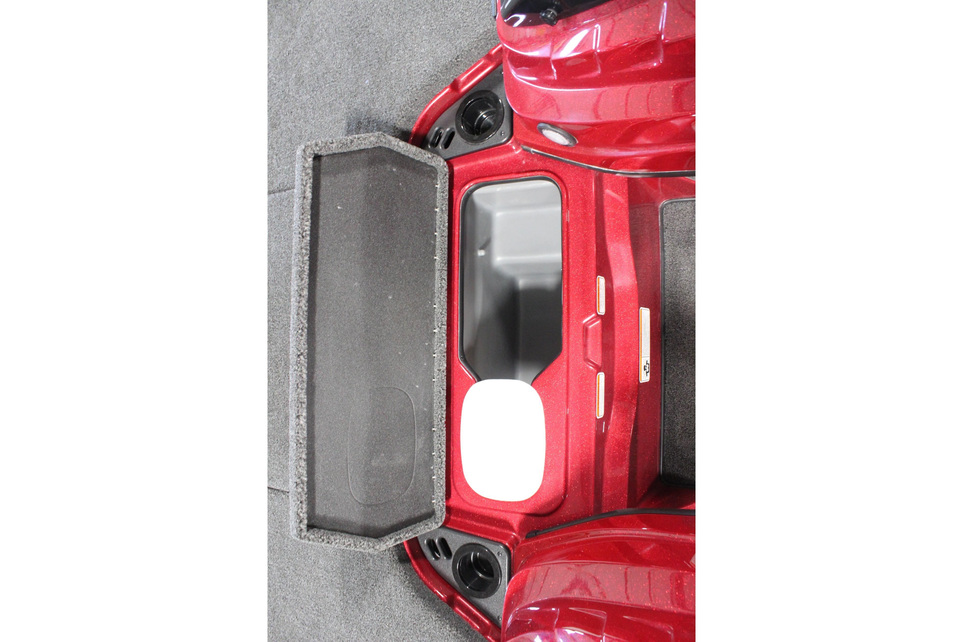 Interior view of 2026 Nitro Z19 XL Pro boat storage compartment, featuring red accents.