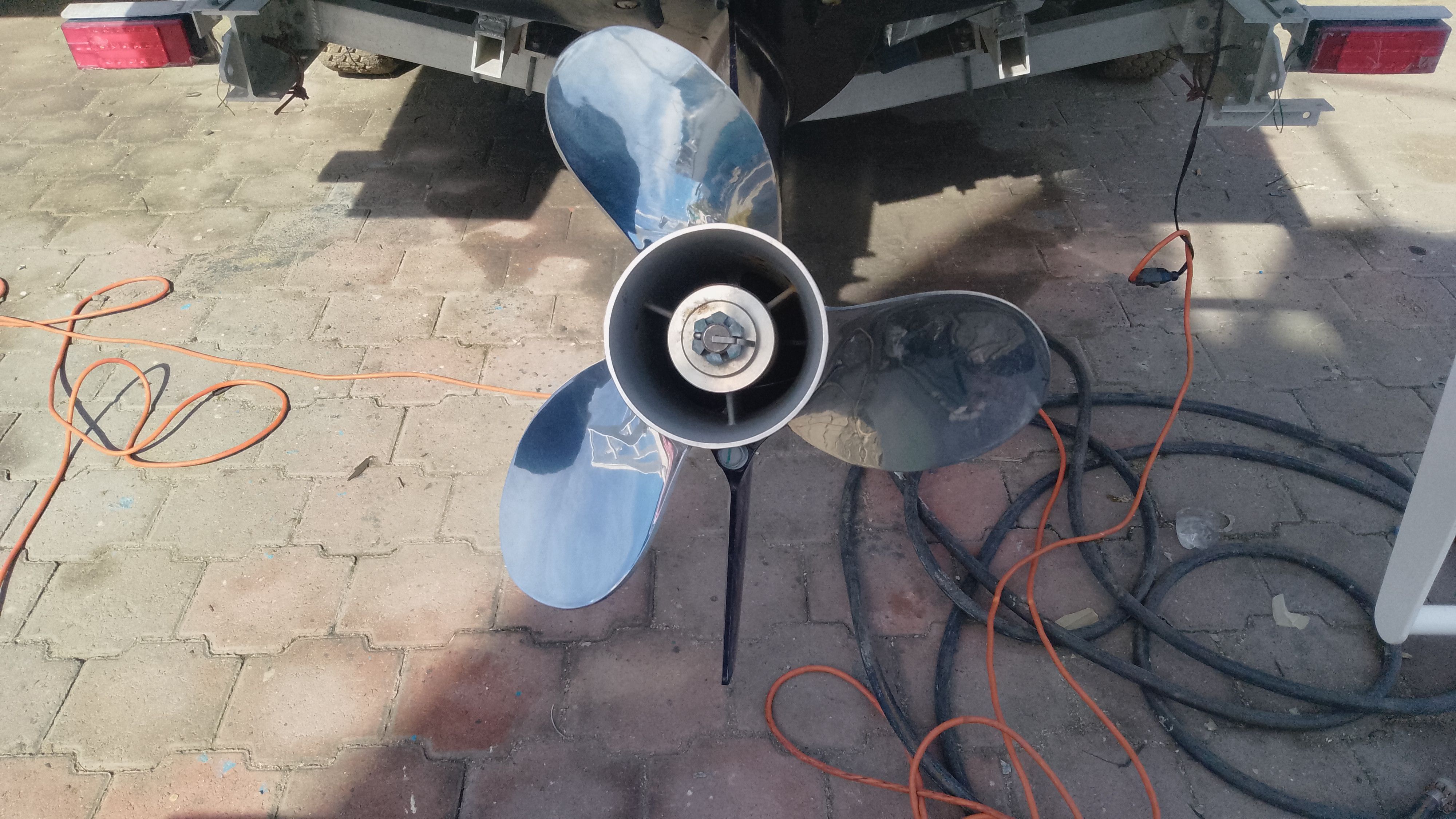 Propeller of a 2024 Gospel Boat 7.5M on a trailer.