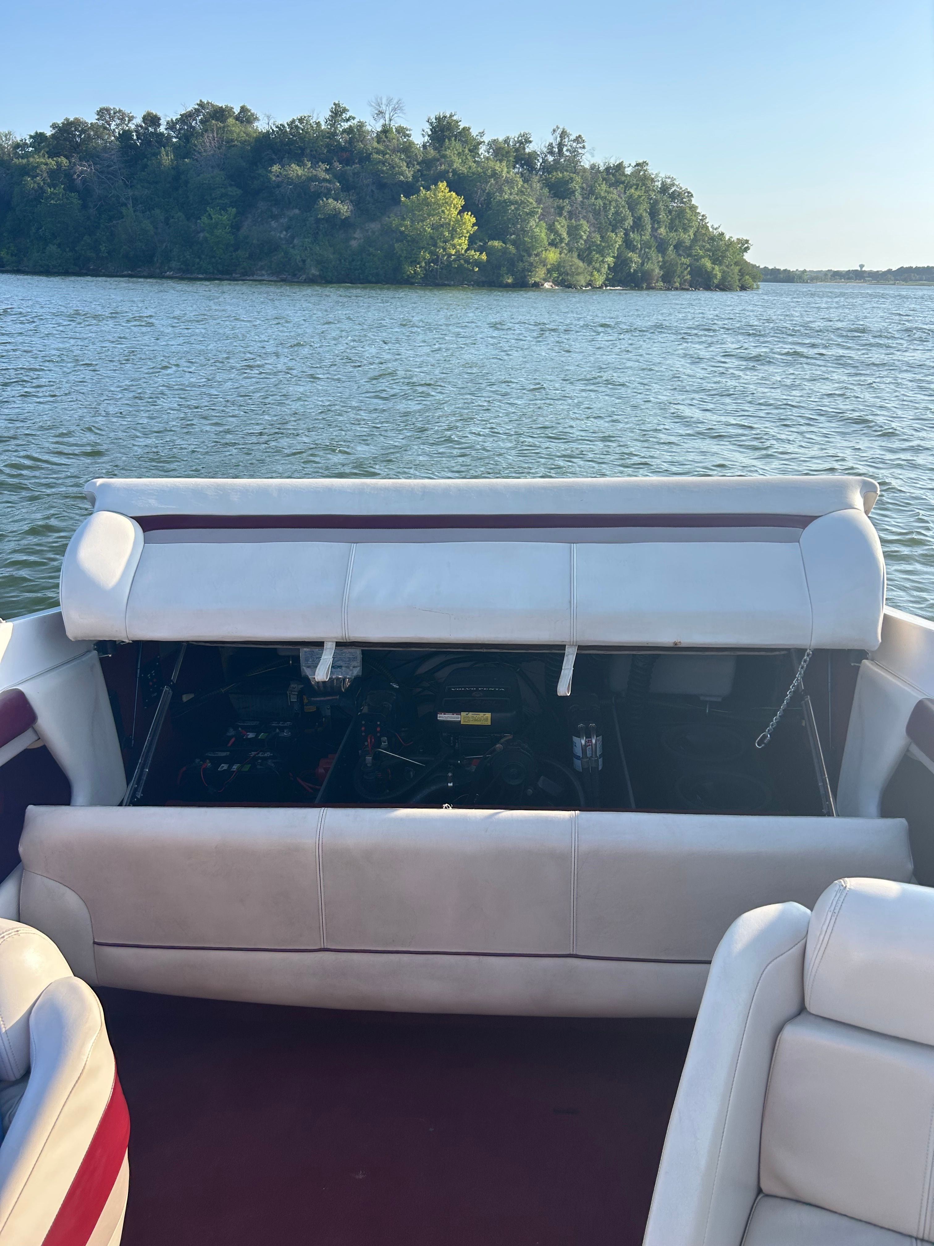 A 1995 Chaparral 2330 on calm water with a wooded shoreline in the background.