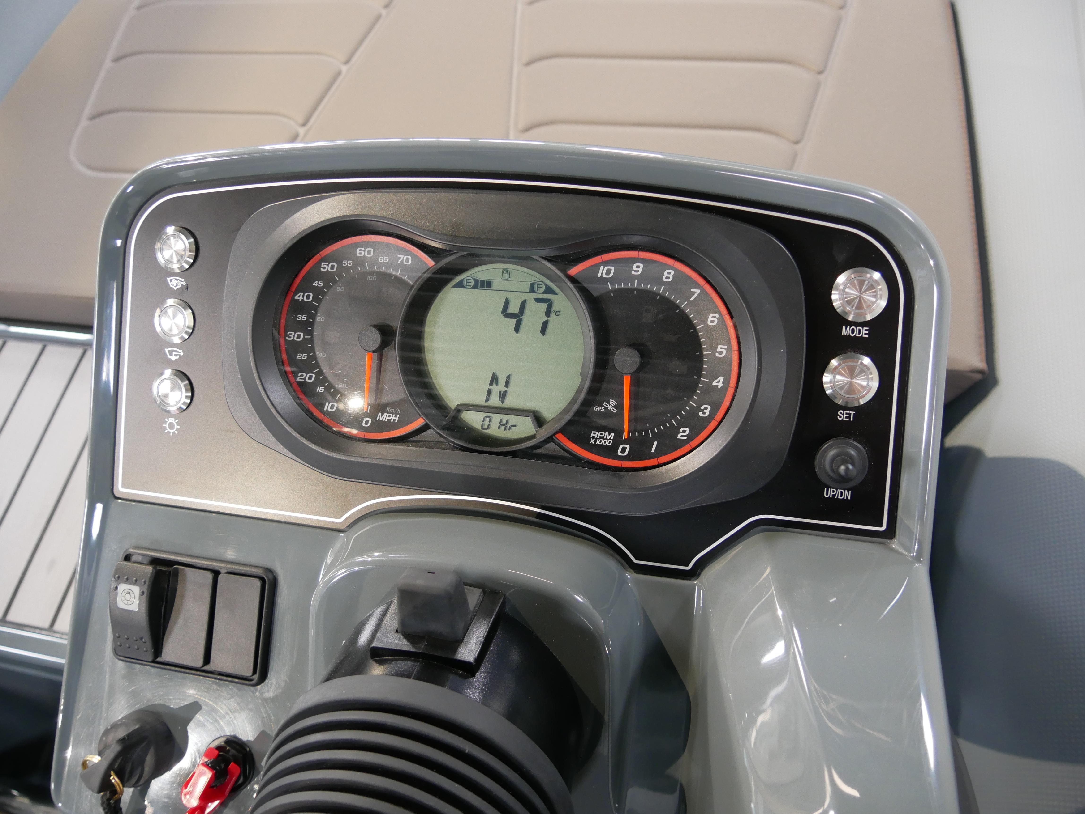 Dashboard of 2025 Williams Jet Tenders SportJet 435, featuring speedometer and controls.