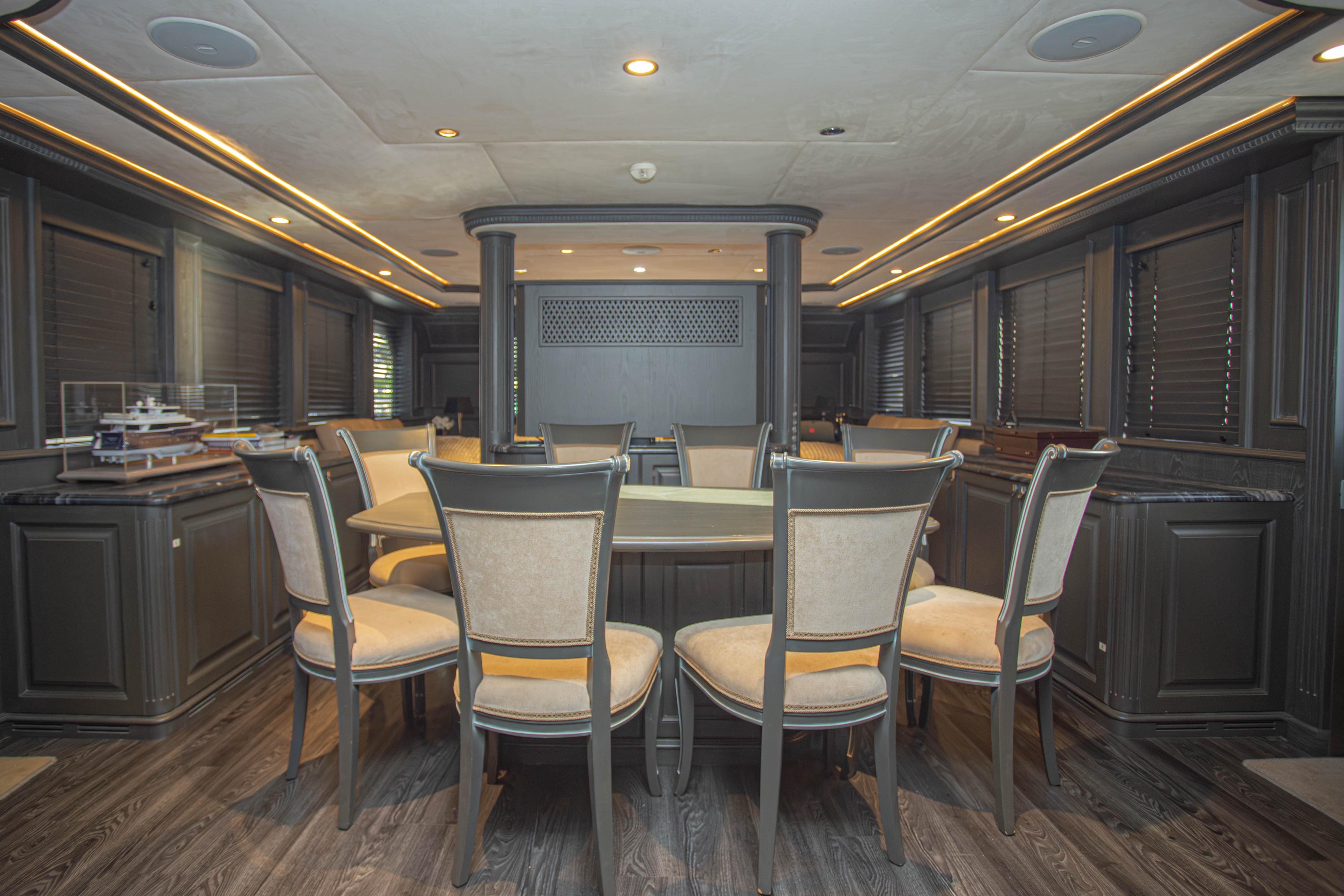 Luxurious dining area on 2014 Fifth Ocean Yachts 24m Displacement Explorer Yacht.