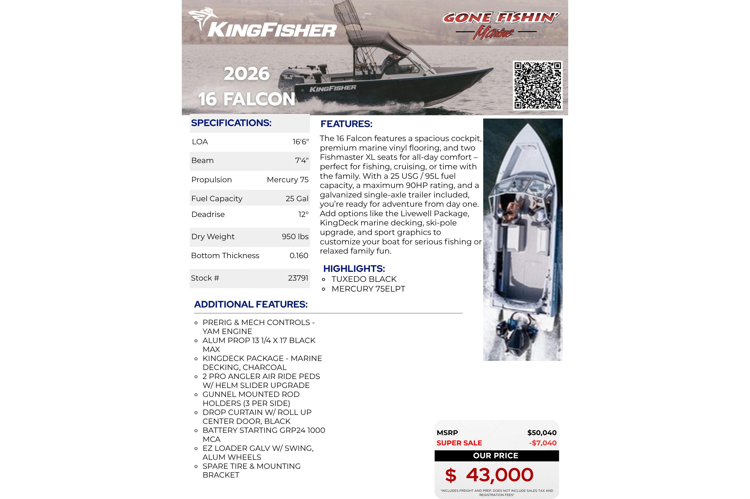 KingFisher 16 Falcon 2026 boat with Mercury 75 engine.