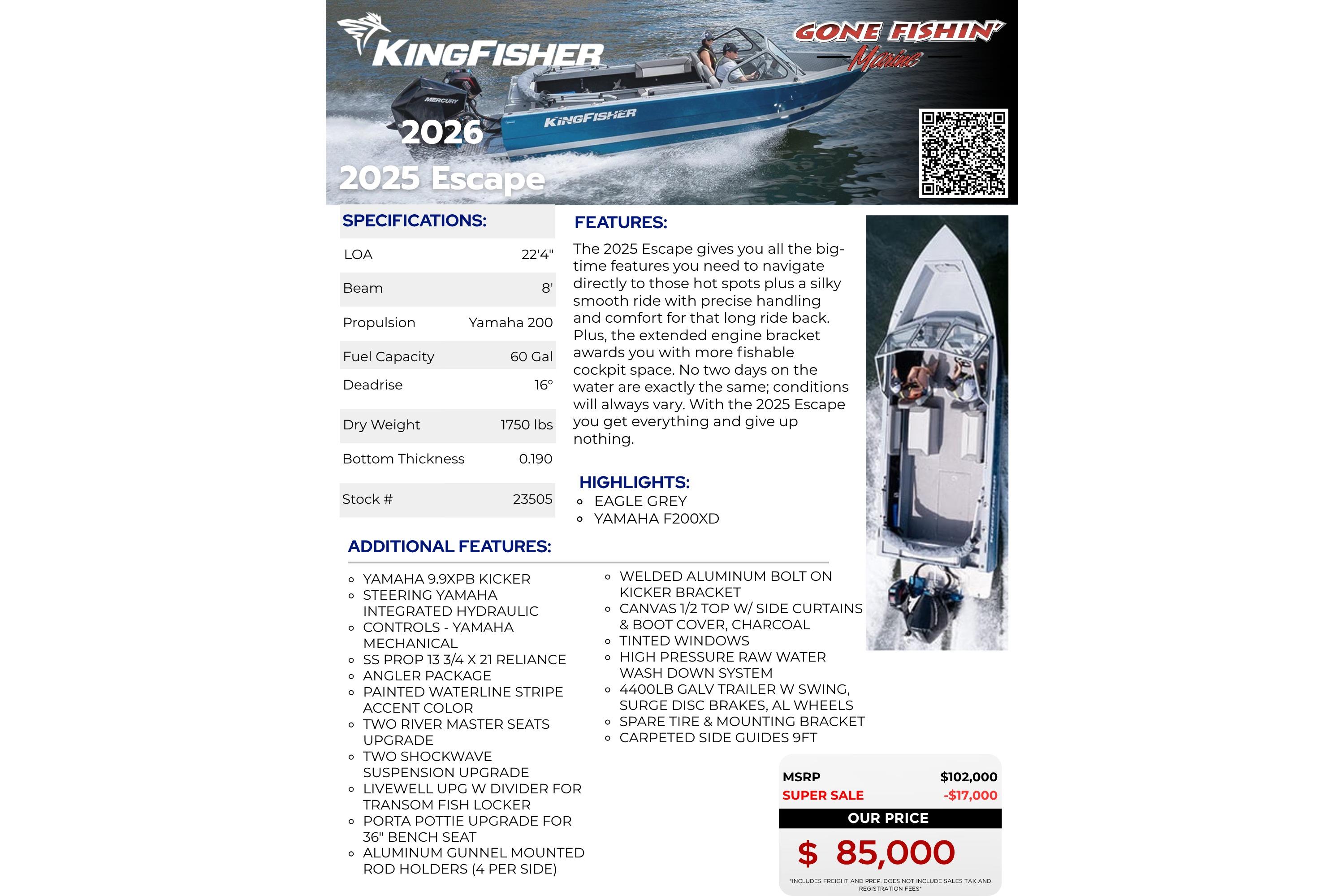 KingFisher 2025 Escape boat brochure showcasing features, specifications, and pricing details.
