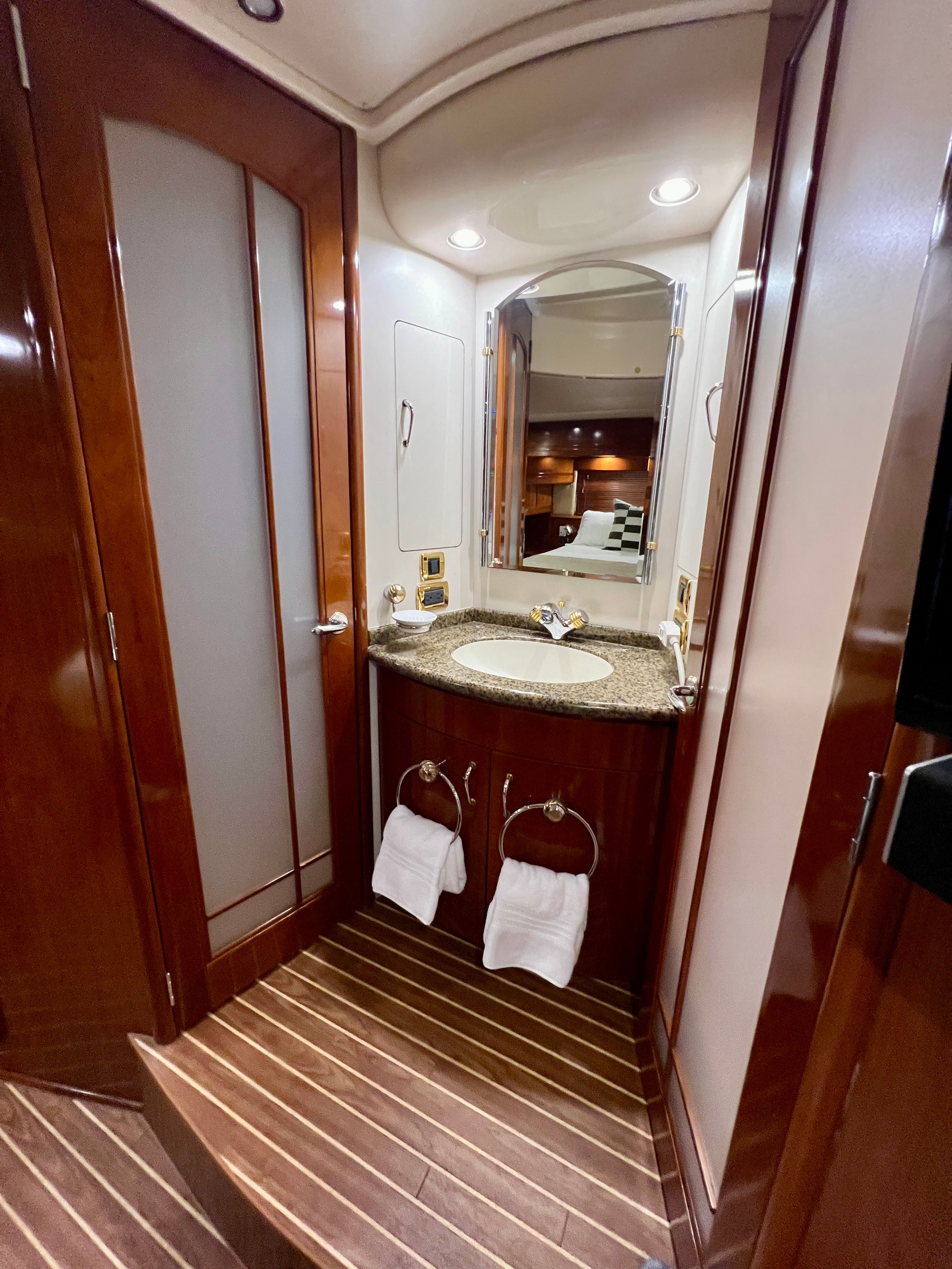 Luxurious bathroom on the 2005 Carver 560 Voyager Sky yacht.