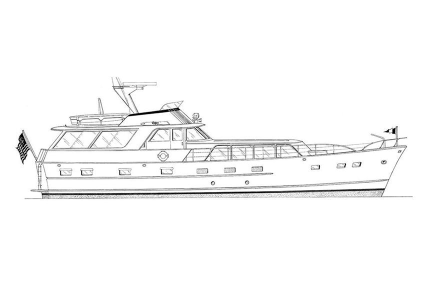 Side view of an elegant yacht with two flags, multiple windows, and a spacious deck.