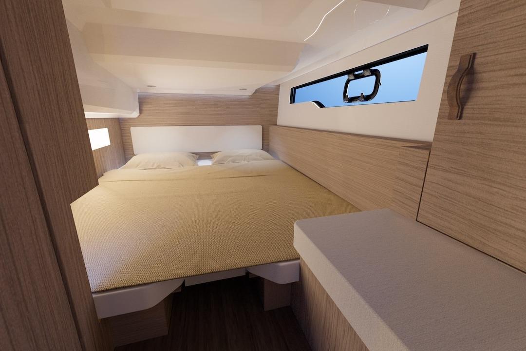 2026 Jeanneau NC 1095 Fly Series 2 cabin interior with cozy bed and modern design.