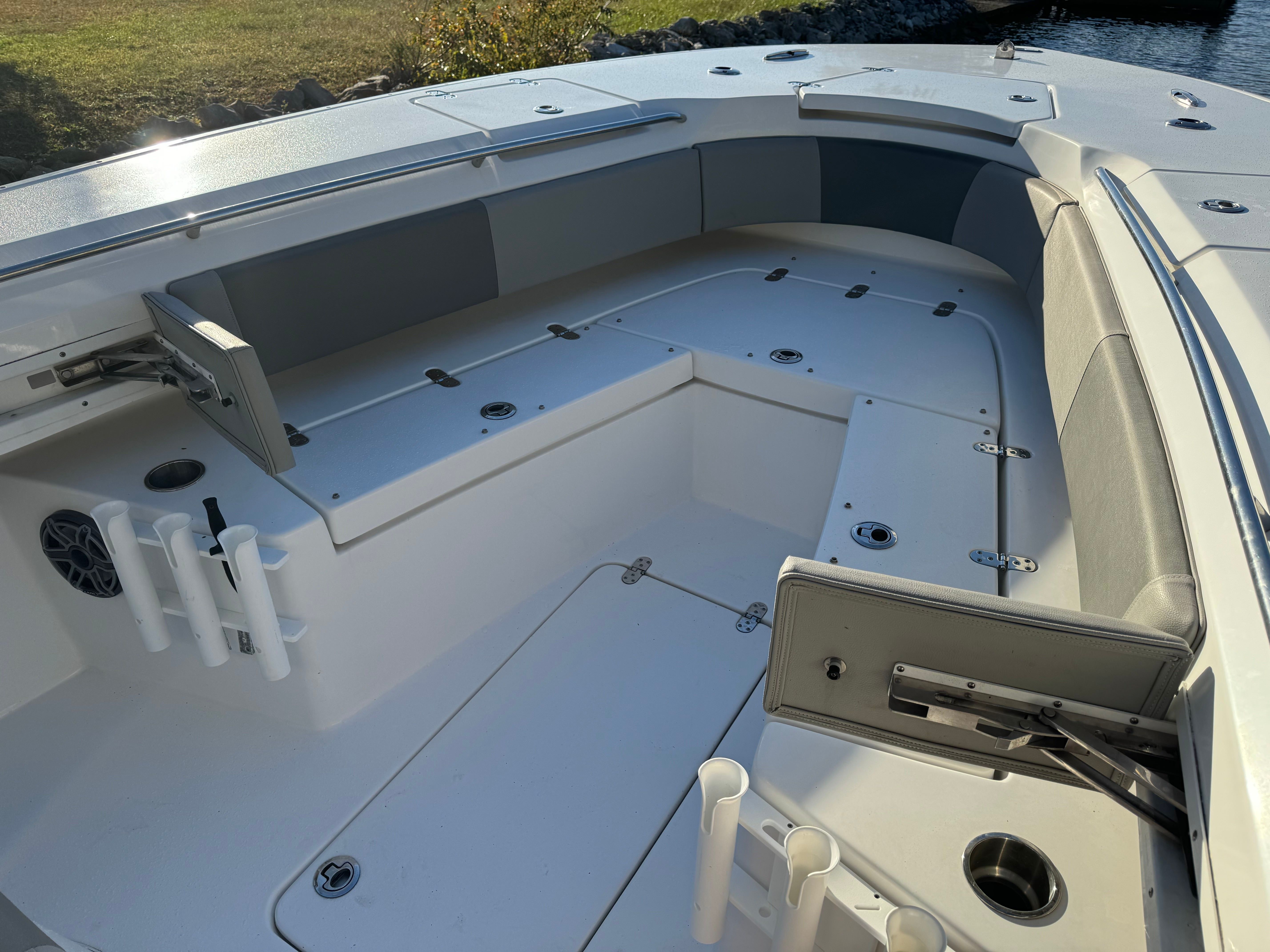Interior of a 2021 Cape Horn 32 XS boat with seating area.