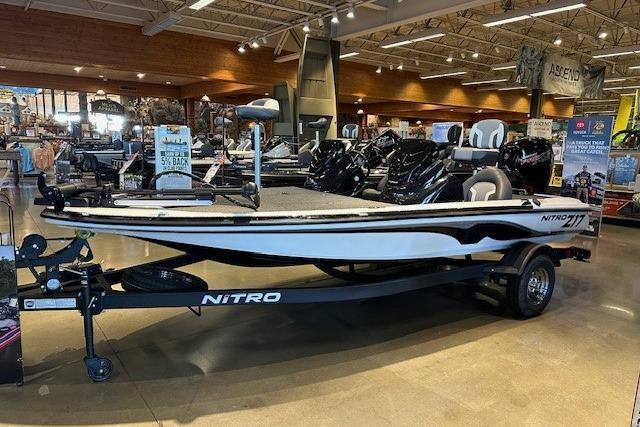 2026 Nitro Z17 boat displayed in a showroom, featuring sleek design and modern amenities.