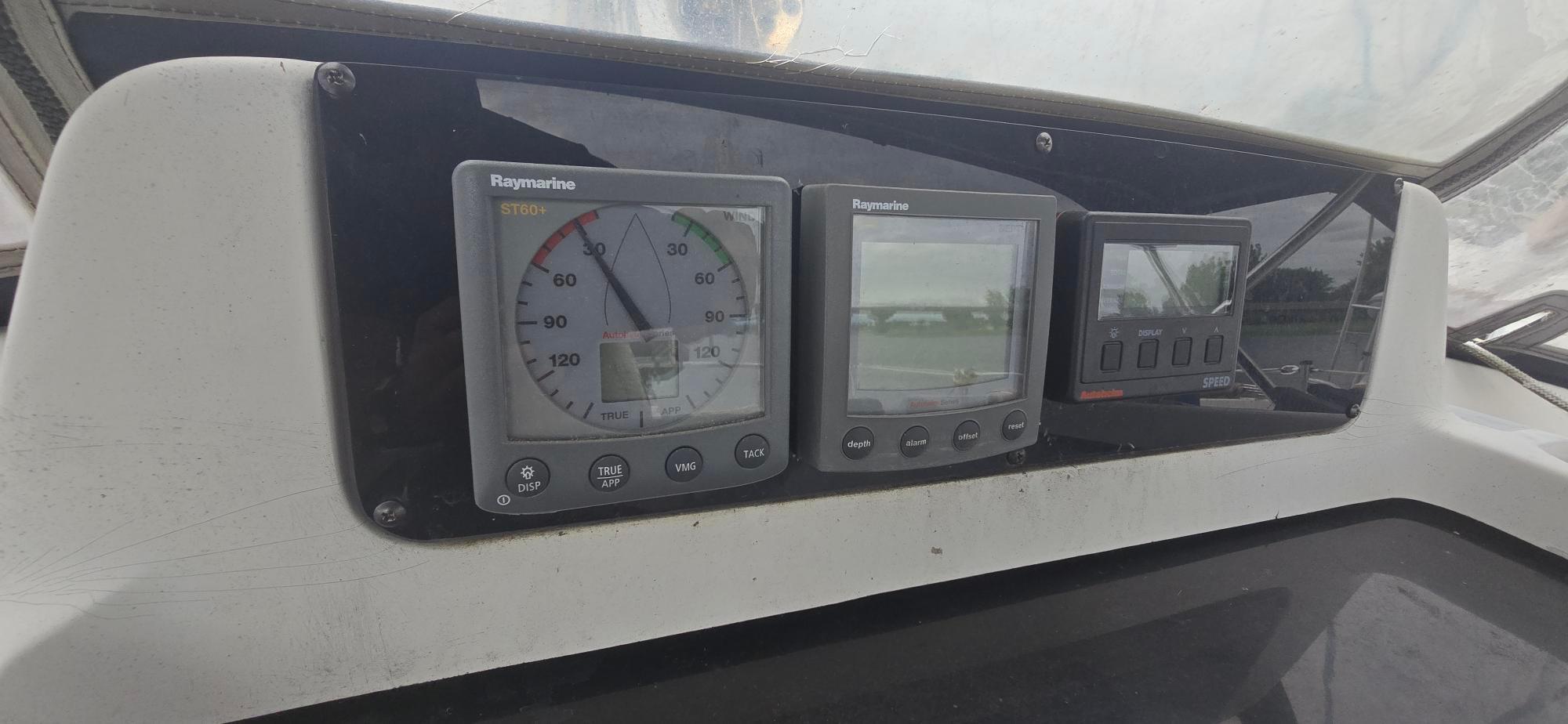Hunter 336 sailboat dashboard with Raymarine instruments, 1997 model.