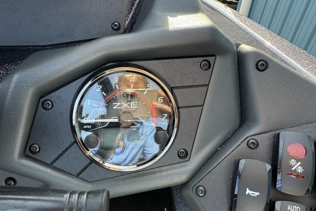 Tachometer of 2026 Skeeter ZXE20 boat dashboard, showing RPM gauge.