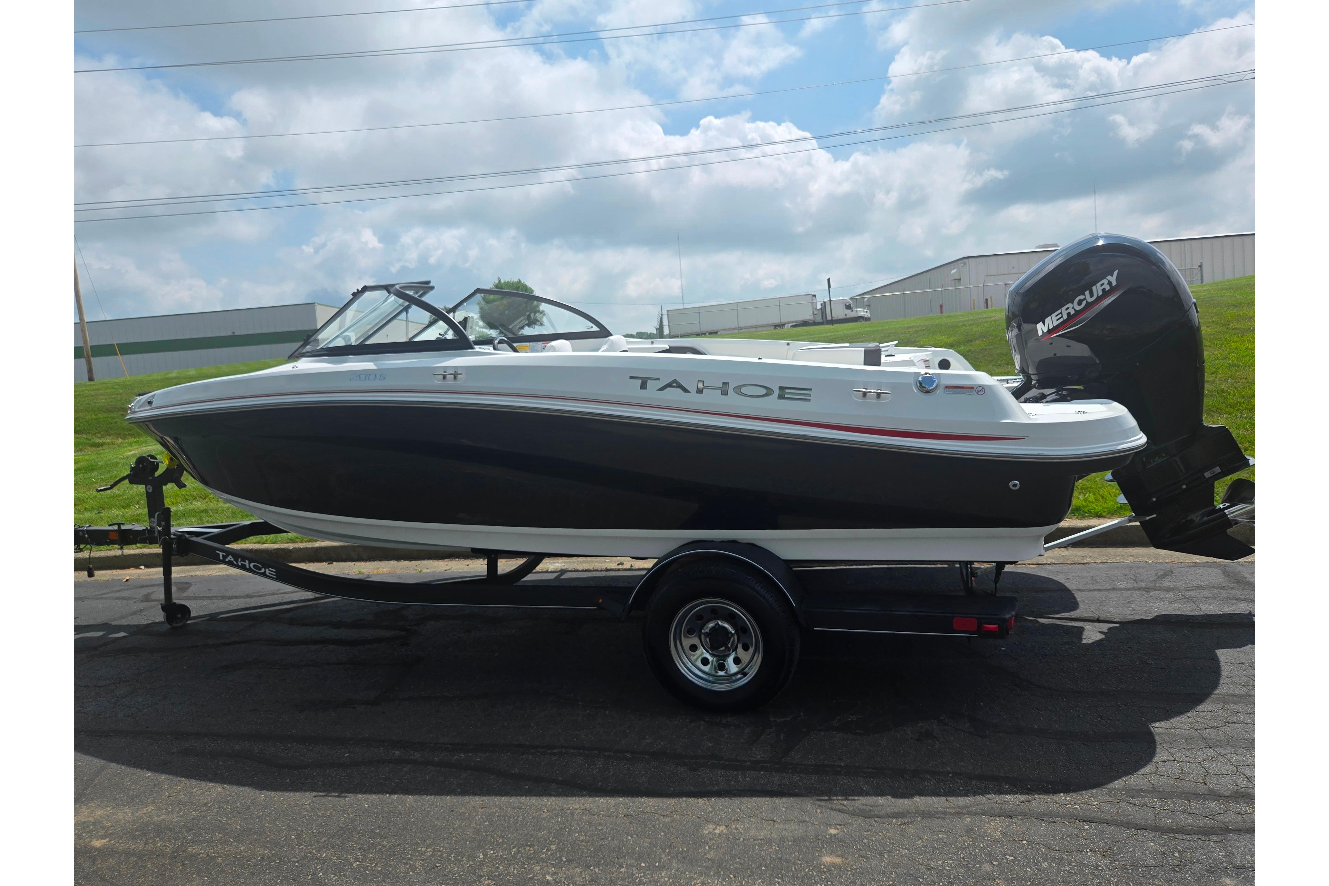 2023 Tahoe 200 S boat on trailer, featuring sleek design and Mercury outboard motor.