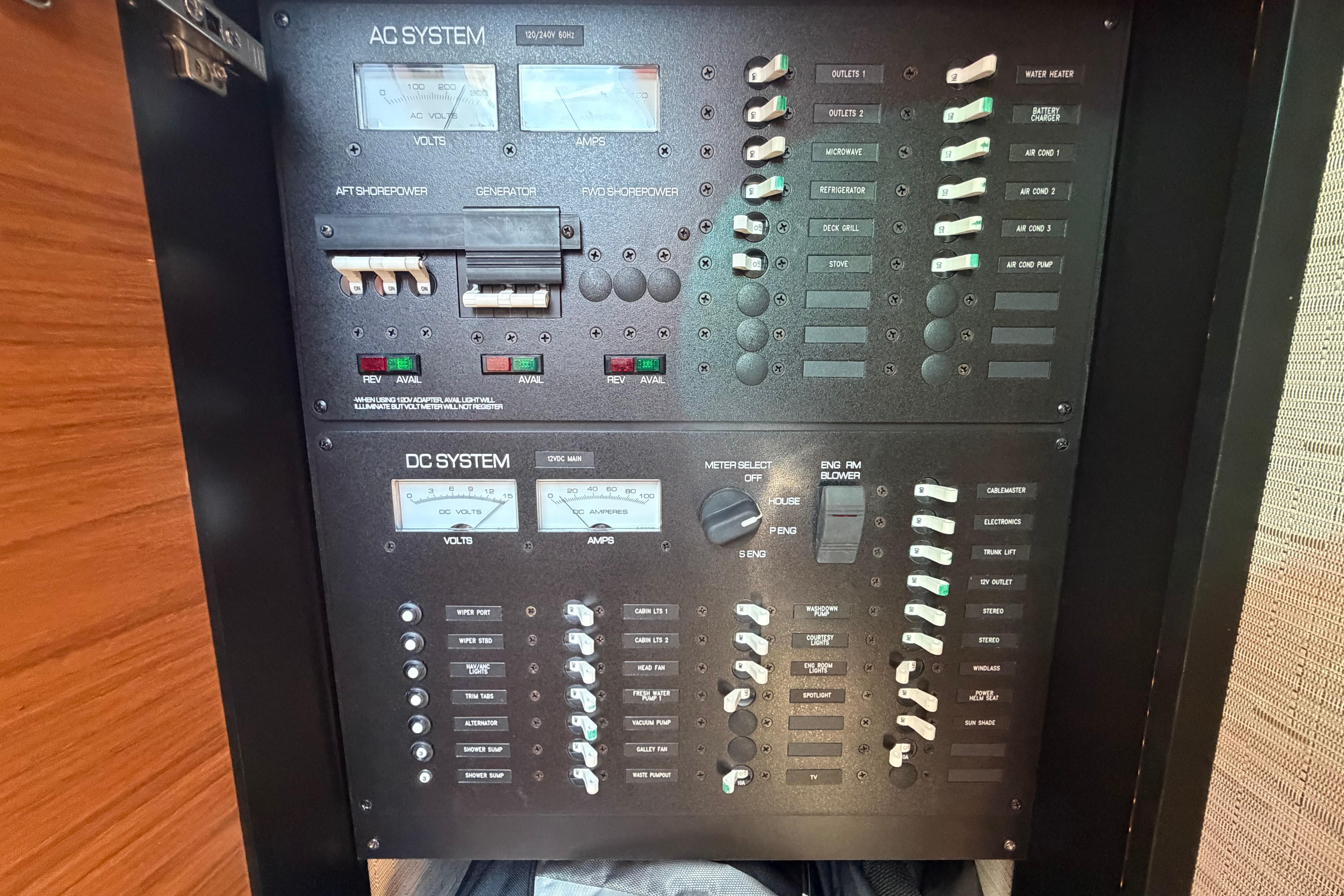 Electrical control panel on a 2016 Tiara Yachts C39 Coupe, featuring AC and DC systems.