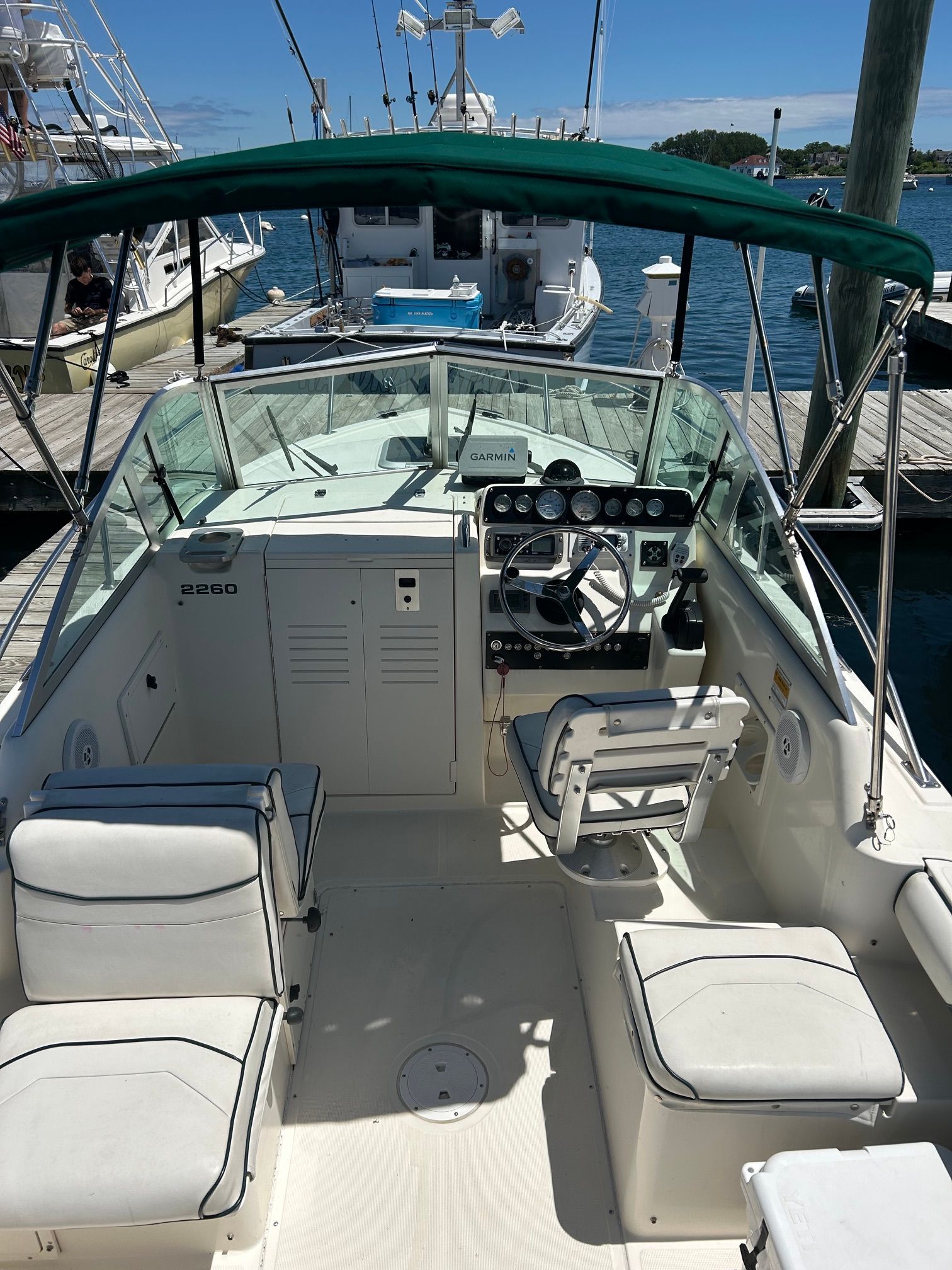 Interior of a 1999 Pursuit Denali boat at the dock.