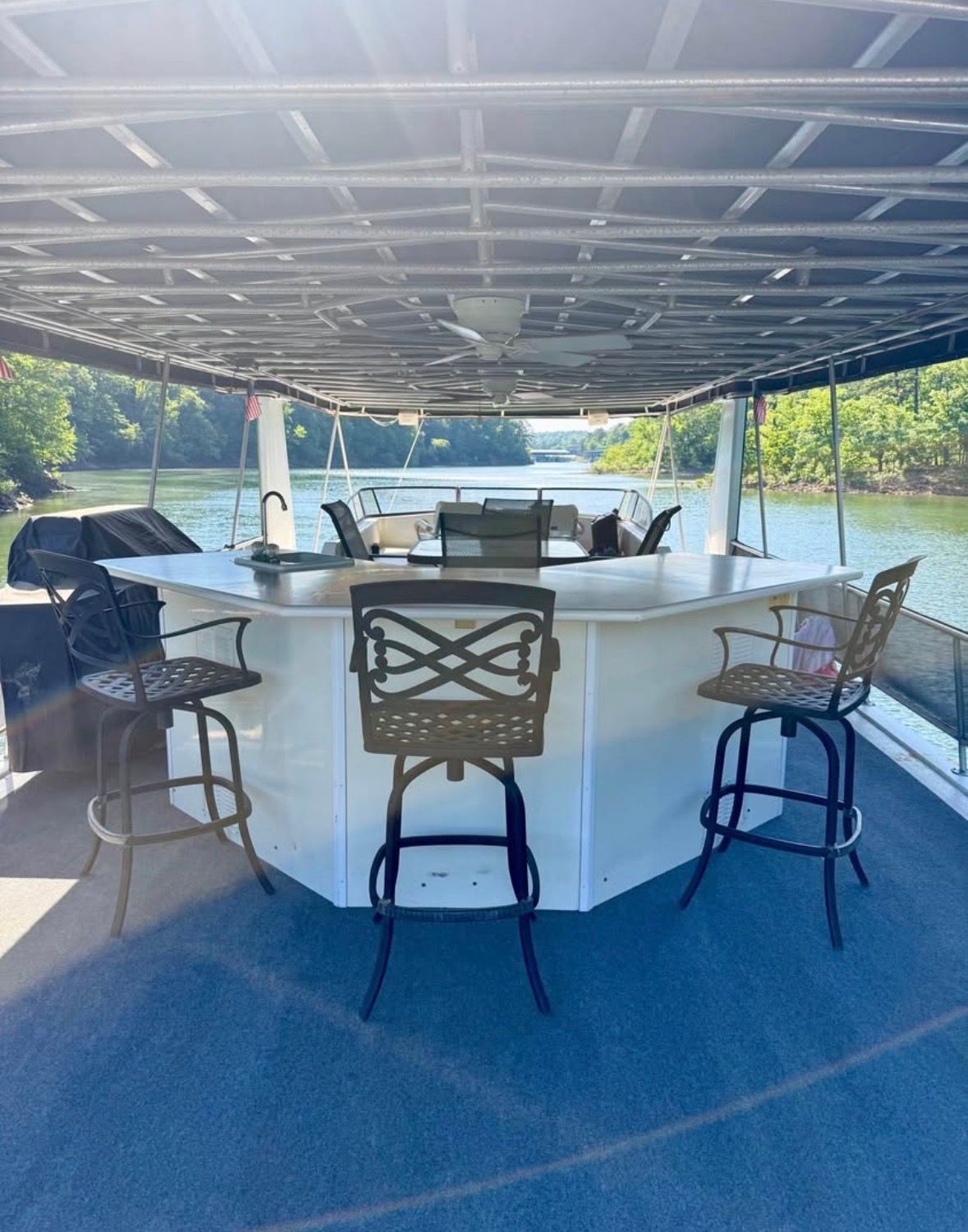 Houseboat with bar area on water, surrounded by trees.