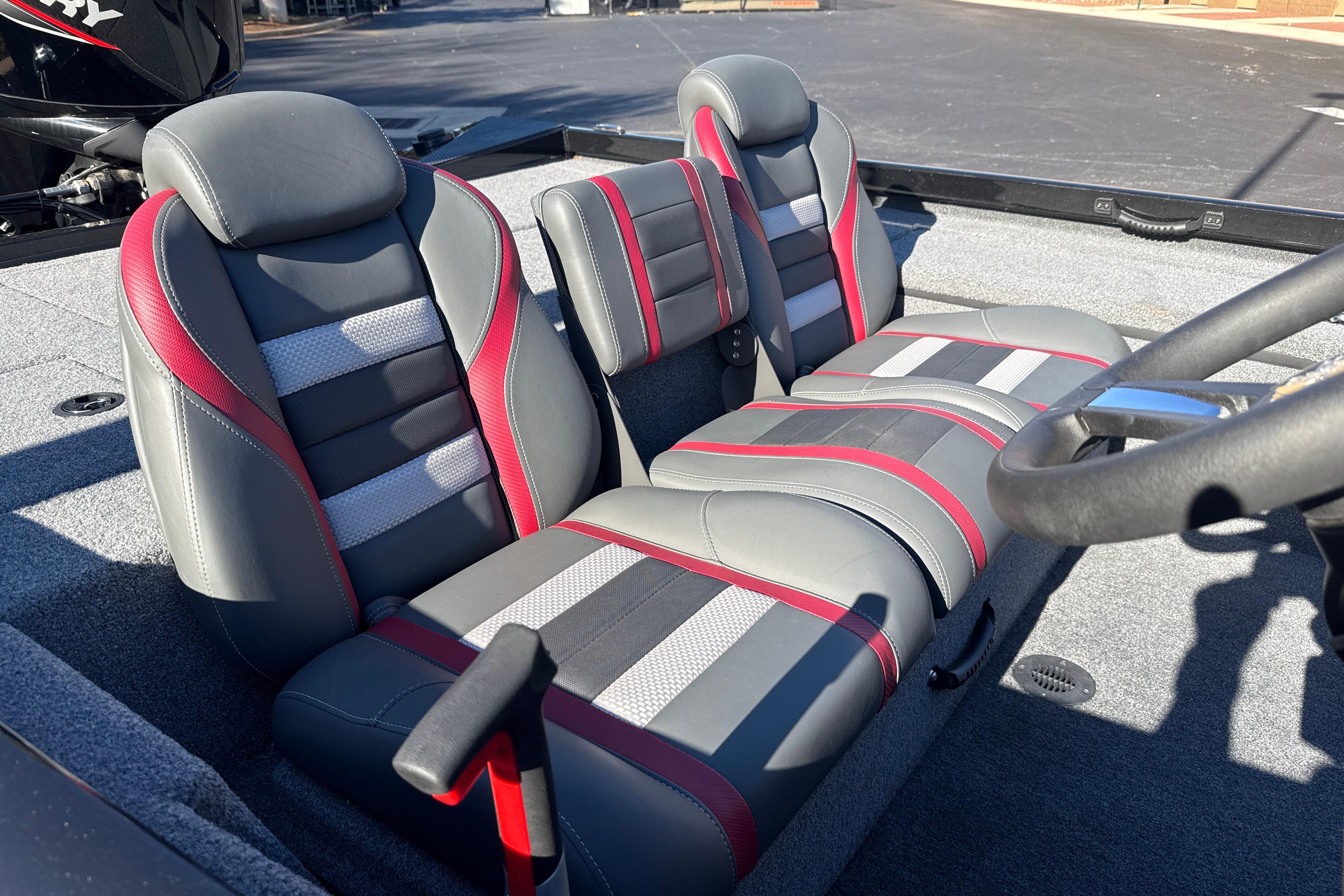 2025 Ranger RT188C boat interior with stylish gray and red seating.