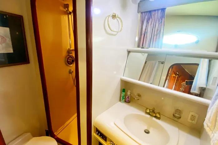 Bathroom interior of a 1990 Viking Motor Yacht with shower and sink.
