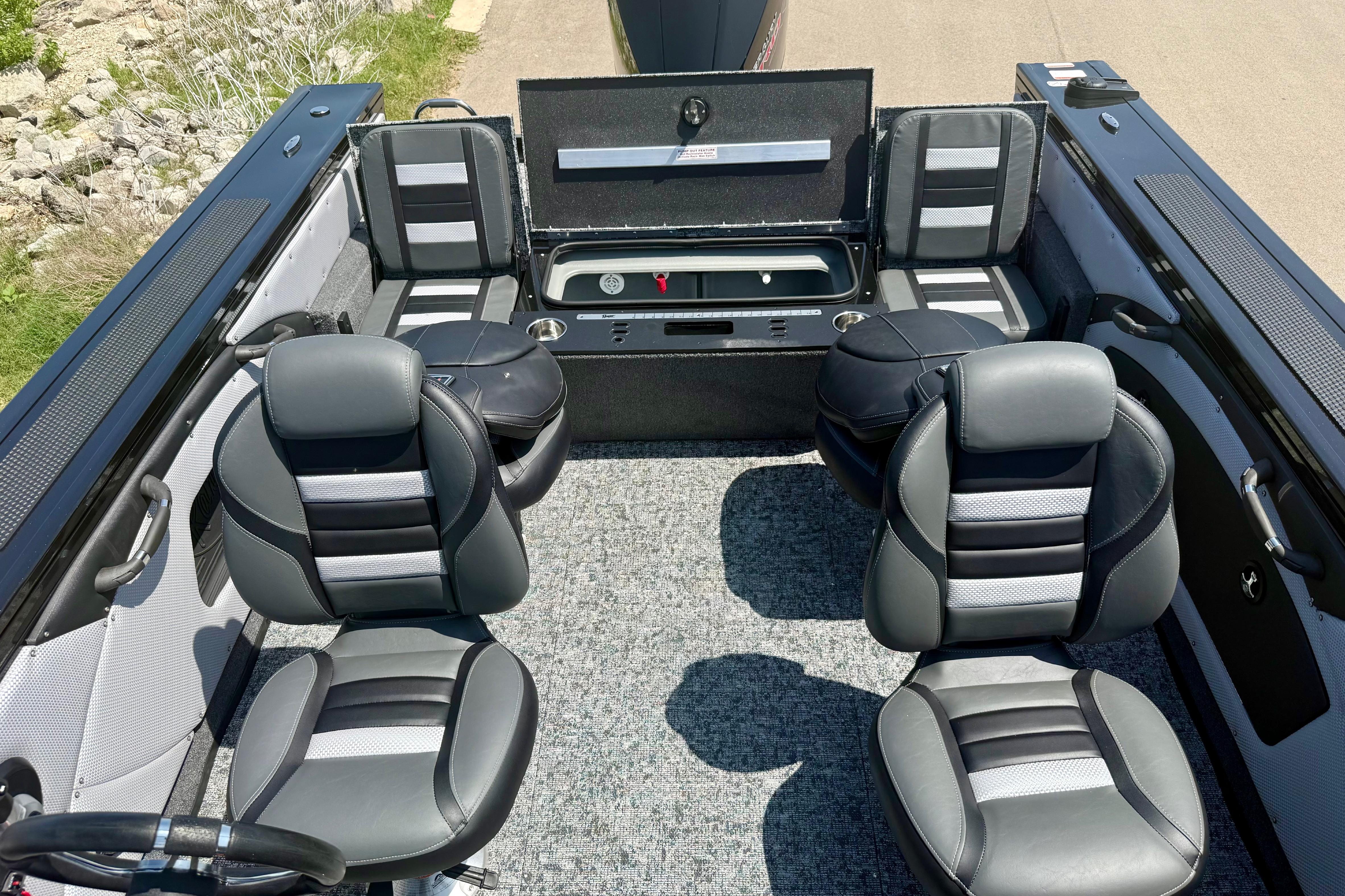 2026 Ranger VX1788 WT boat interior with four cushioned seats and storage compartments.