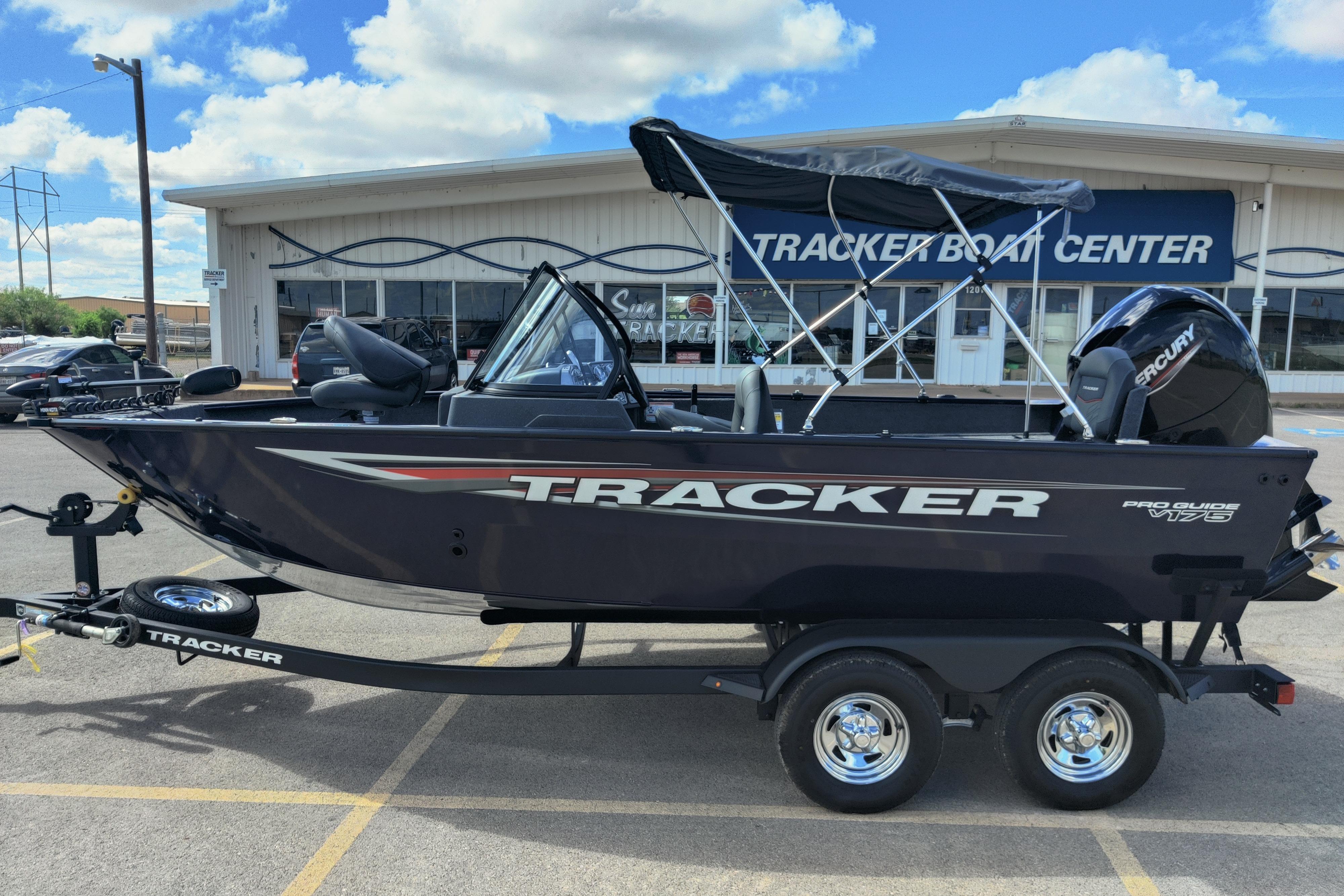 2026 Tracker Pro Guide V-175 Combo boat at Tracker Boat Center, parked on trailer.