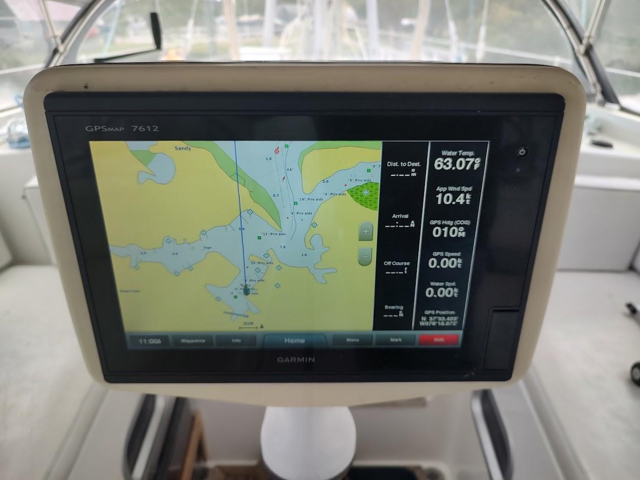 Garmin GPSMap 7612 displaying nautical chart on Stevens Custom 53/56 yacht, 2005 model.