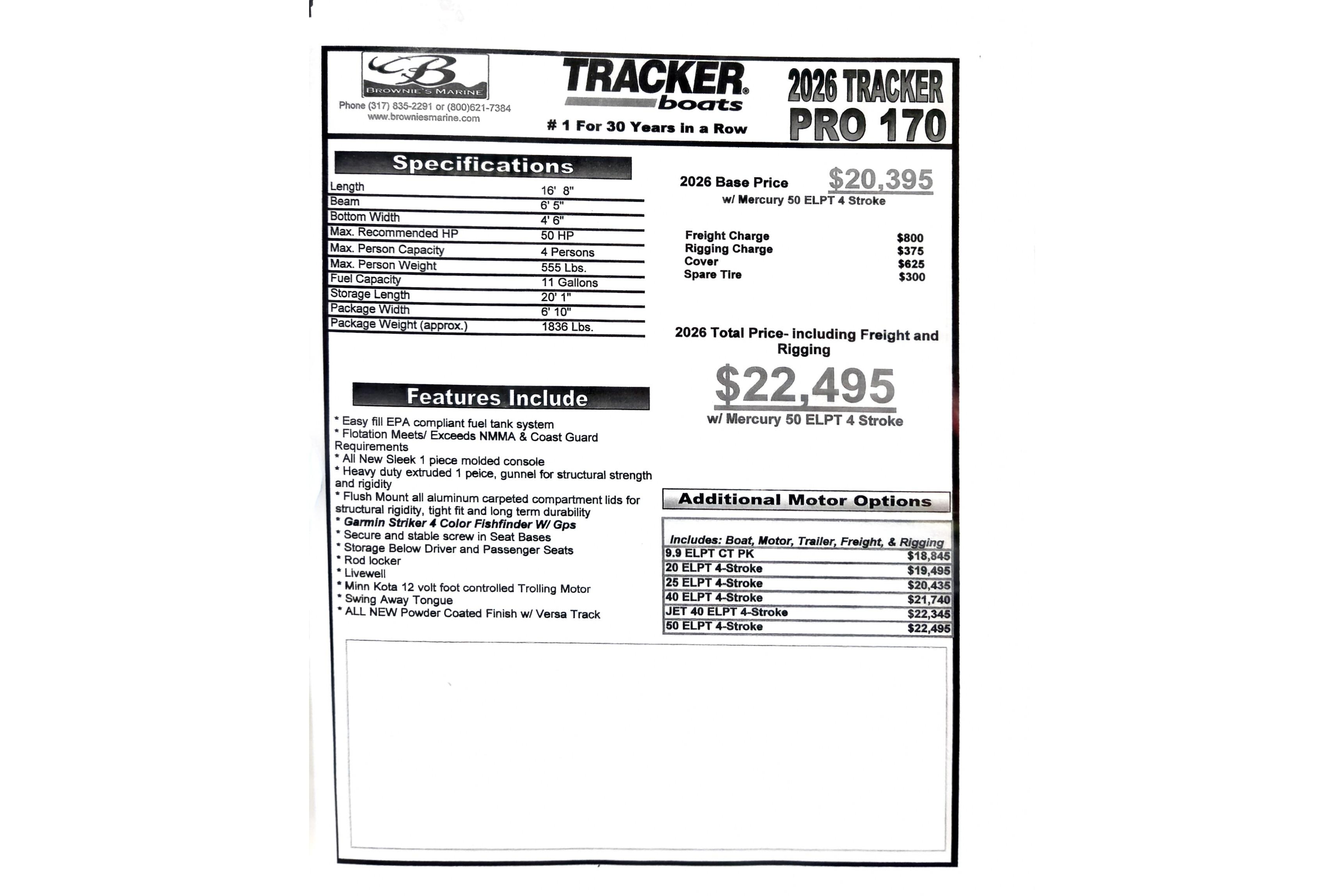 2026 Tracker Pro 170 boat specifications and pricing details sheet.