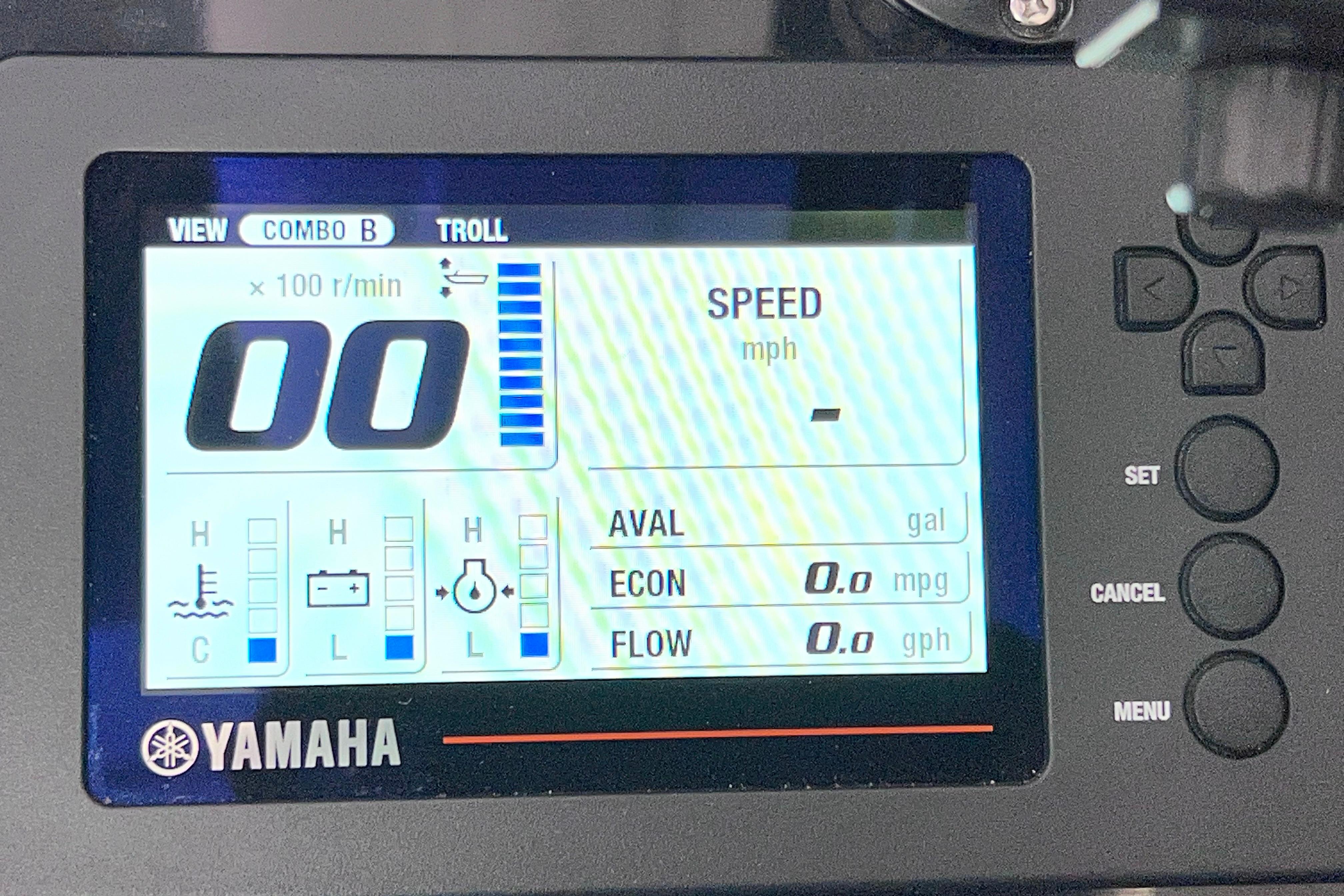 Yamaha boat display showing speed, fuel economy, and engine metrics on Jeanneau NC Weekender 795 Series 2.