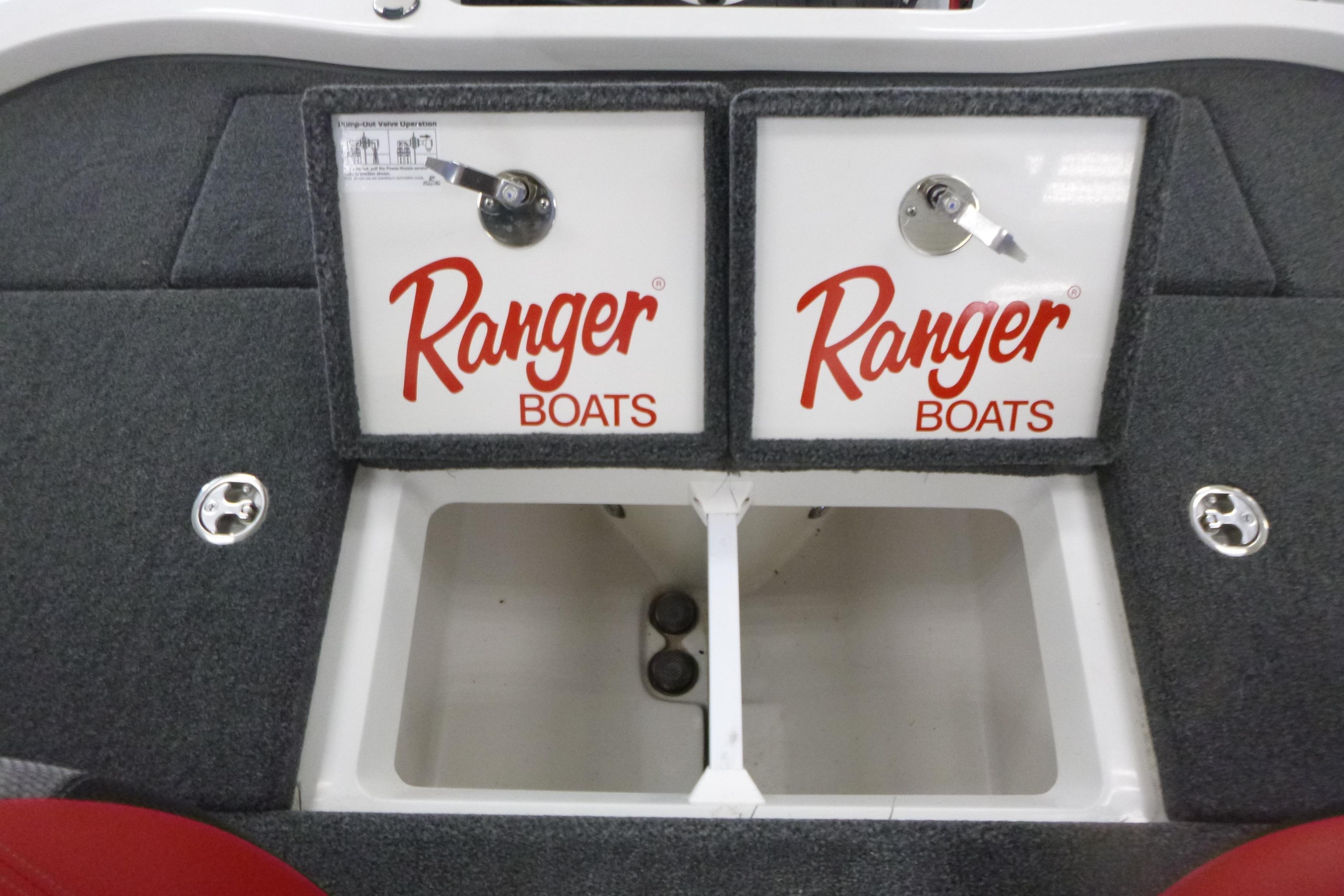 2025 Ranger Z185 boat storage compartments with Ranger Boats branding.