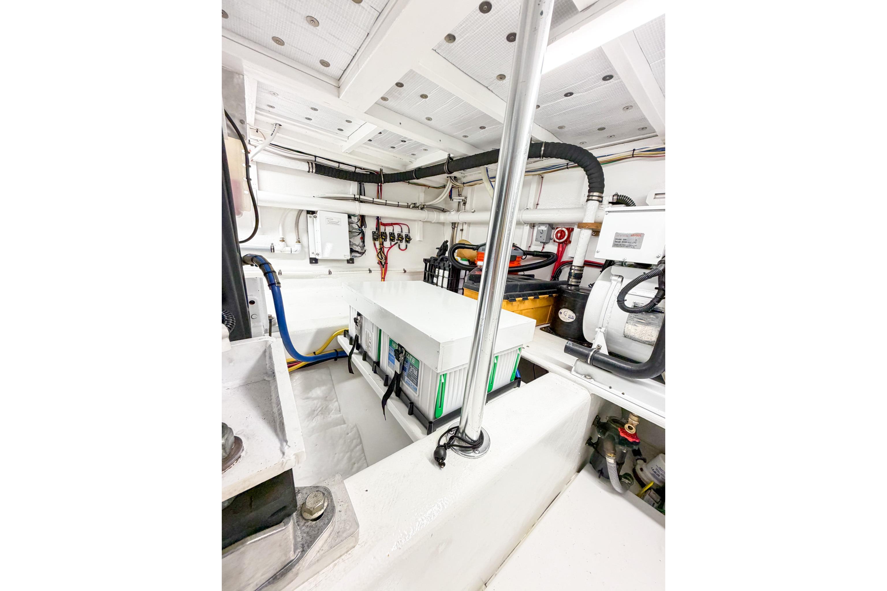 Engine room of 1998 Blackwell Custom Carolina Sportfish, showcasing equipment and wiring.