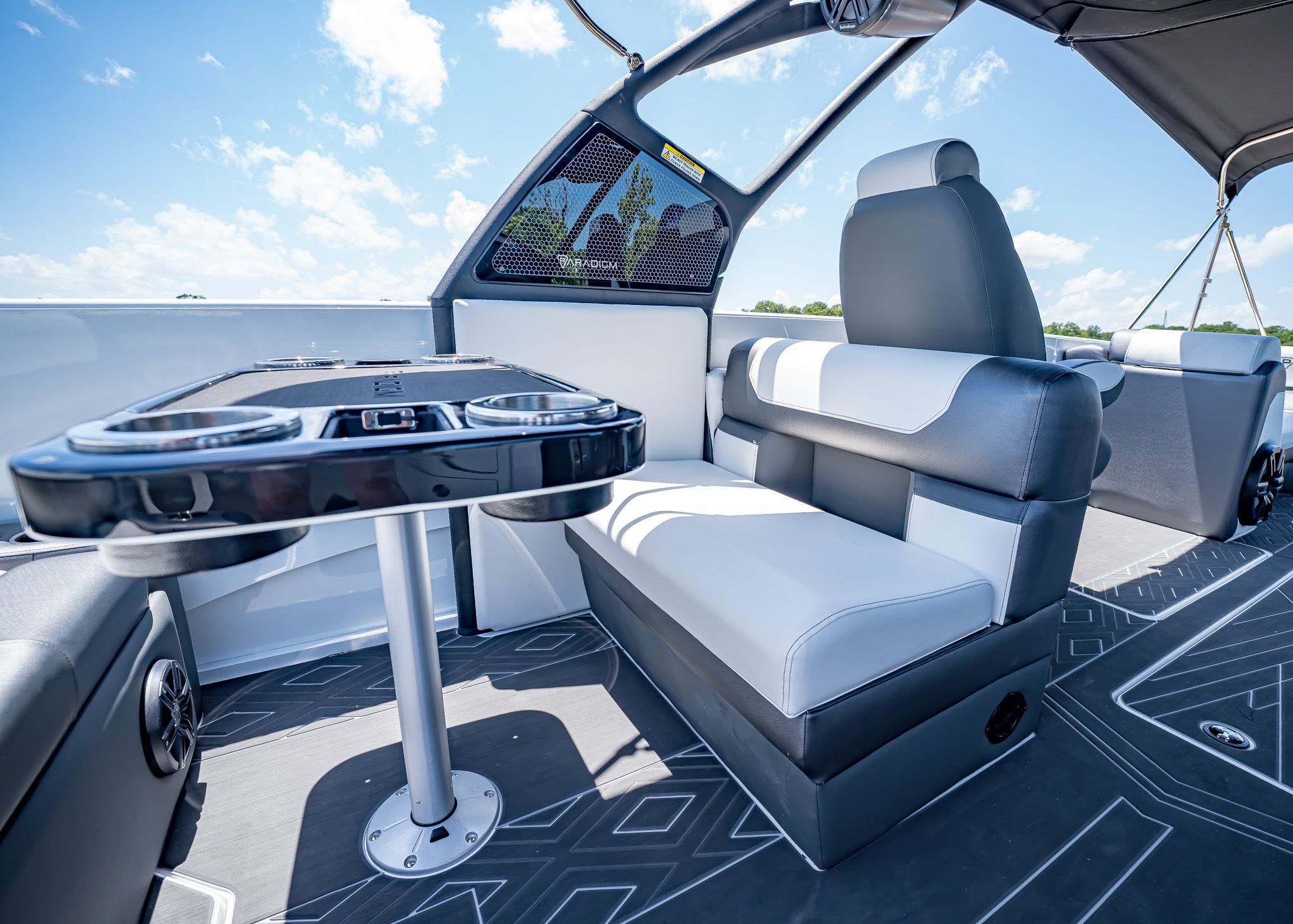 Interior of Paradigm 266 SL SURF boat, modern design, 2025 model.