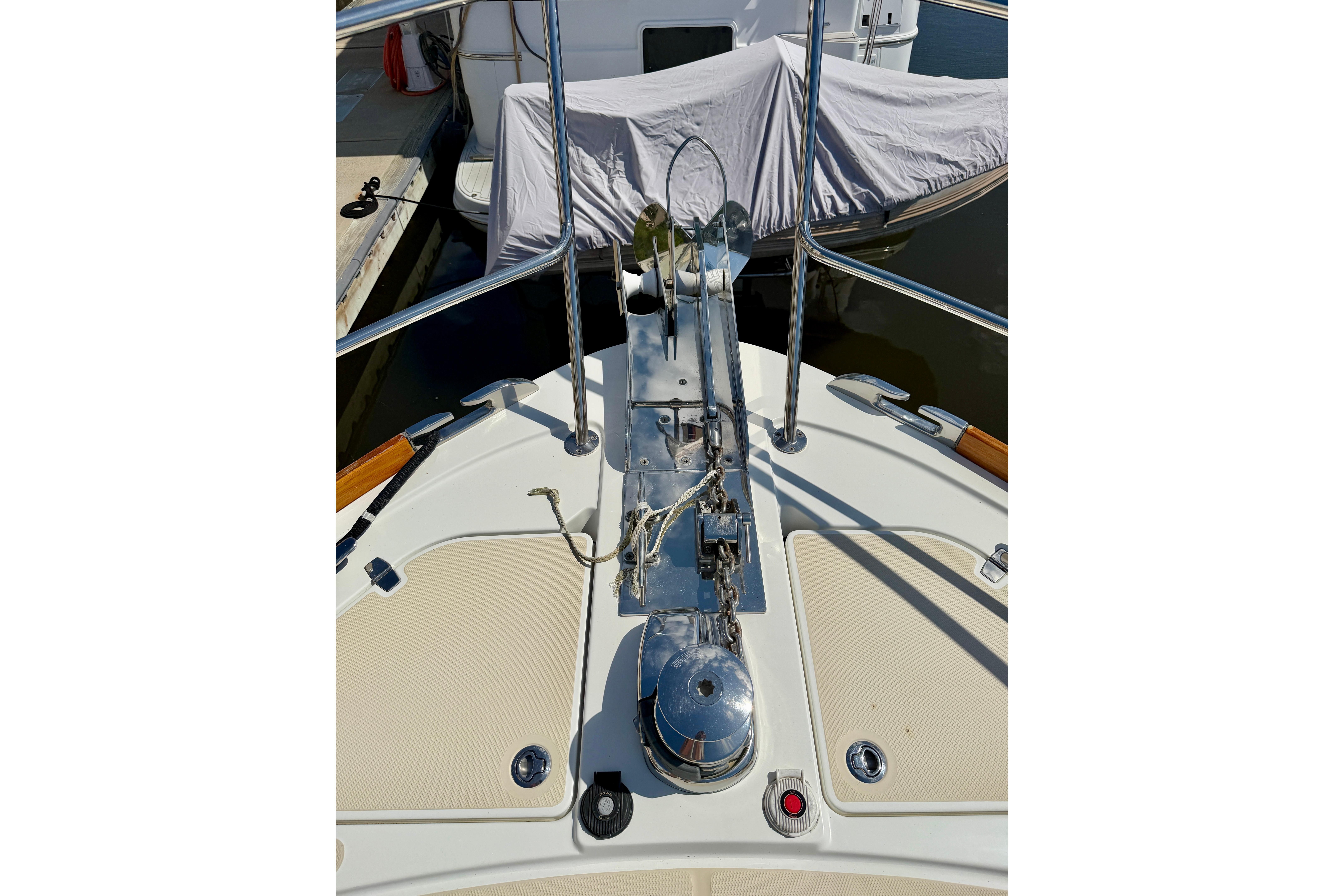 Bow view of 2016 Sabre 48 Salon Express yacht at dock.
