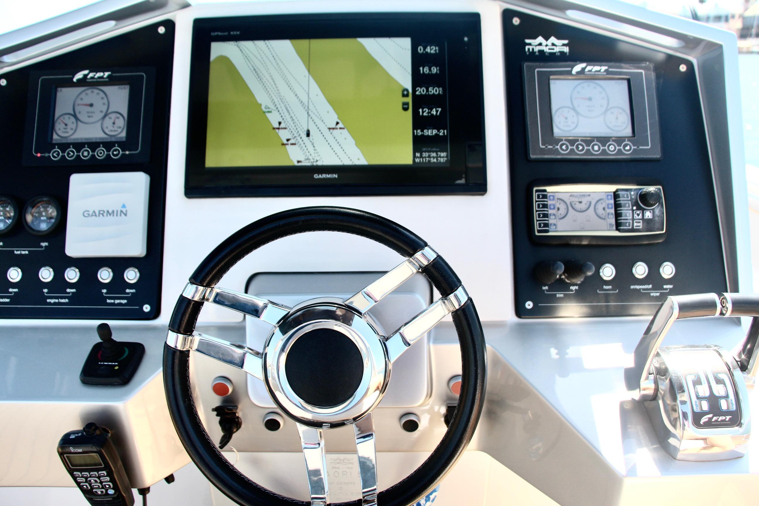 2017 Maori 50 yacht dashboard with navigation screens and steering wheel