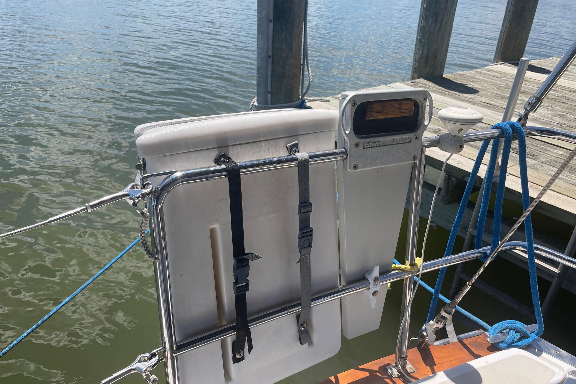 Sailboat stern with Edson steering system, docked; Tartan 3700, 2001 model.