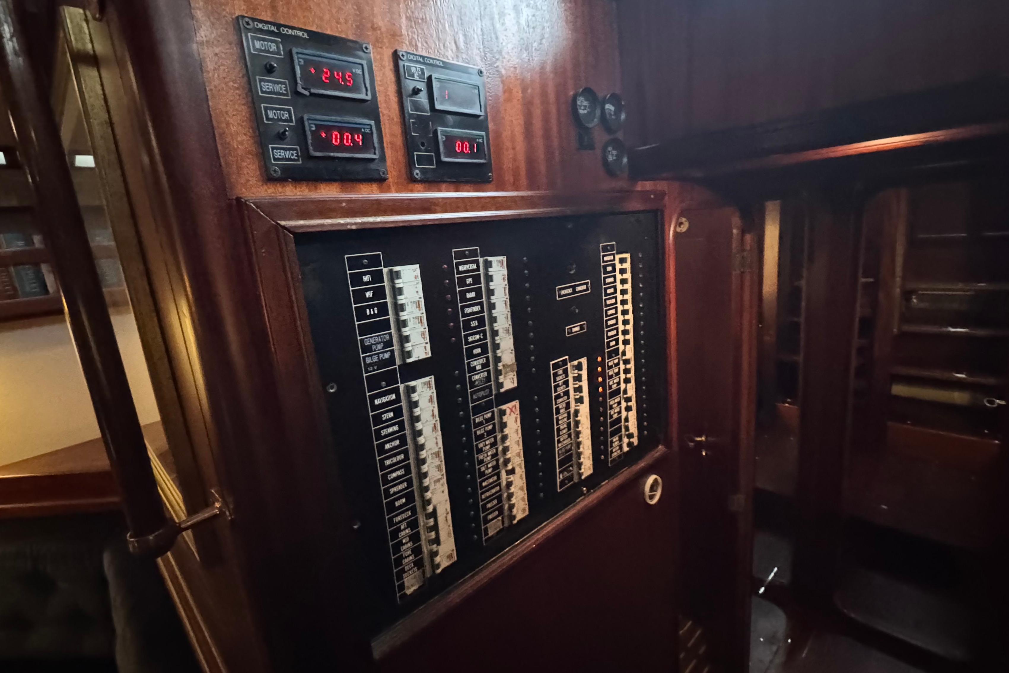 Electrical control panel on a 1977 Custom Cantiere Valdettaro Le Grazie yacht.