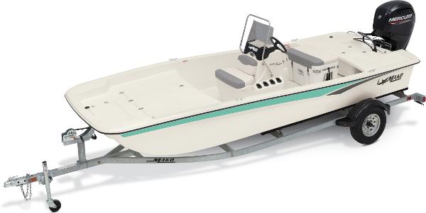 2023 Mako Pro Skiff 17 CC boat on trailer, side view.