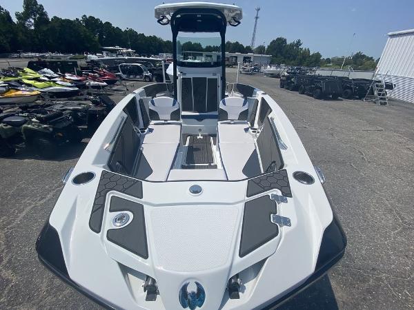 2021 Scarab 255 Open ID boat in a dealership lot.