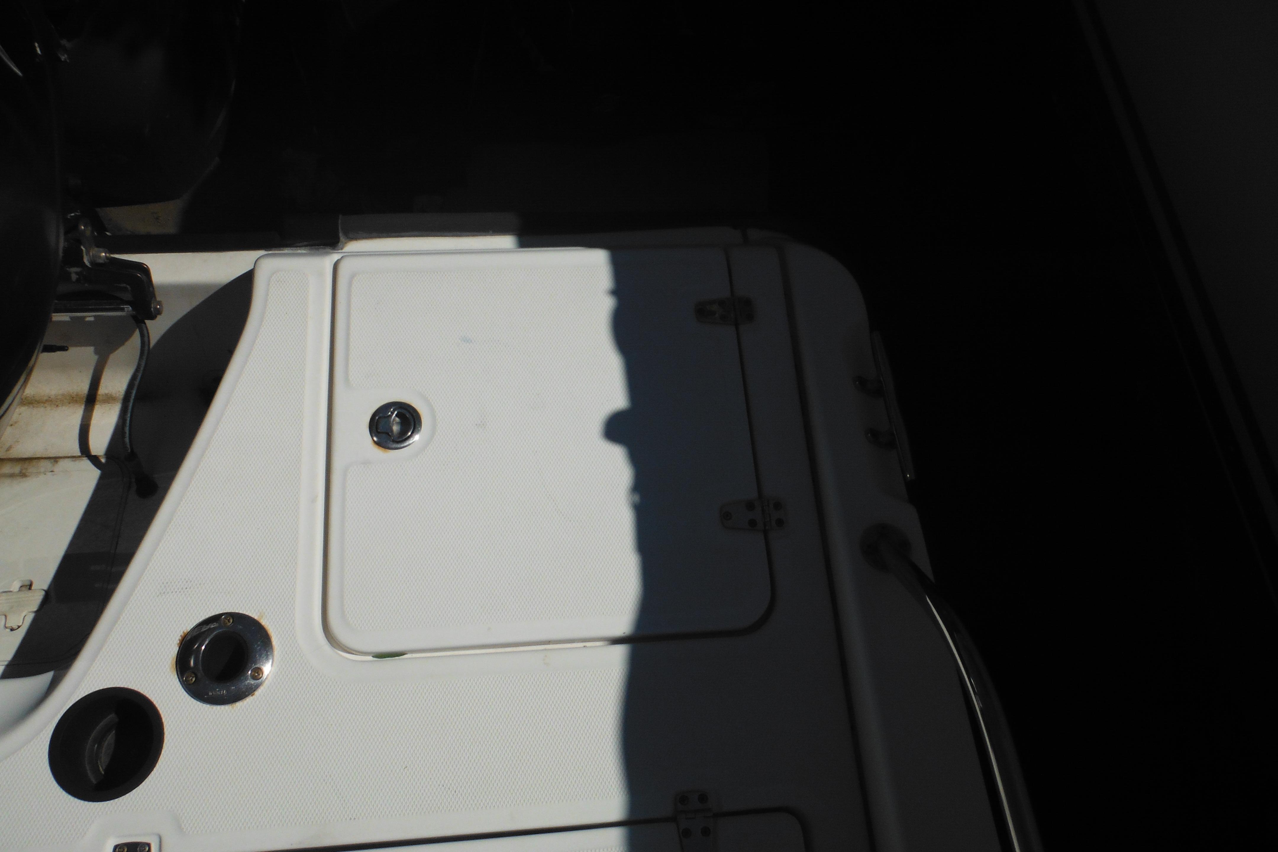 2009 Boston Whaler 200 Dauntless boat deck with storage compartment and fittings.