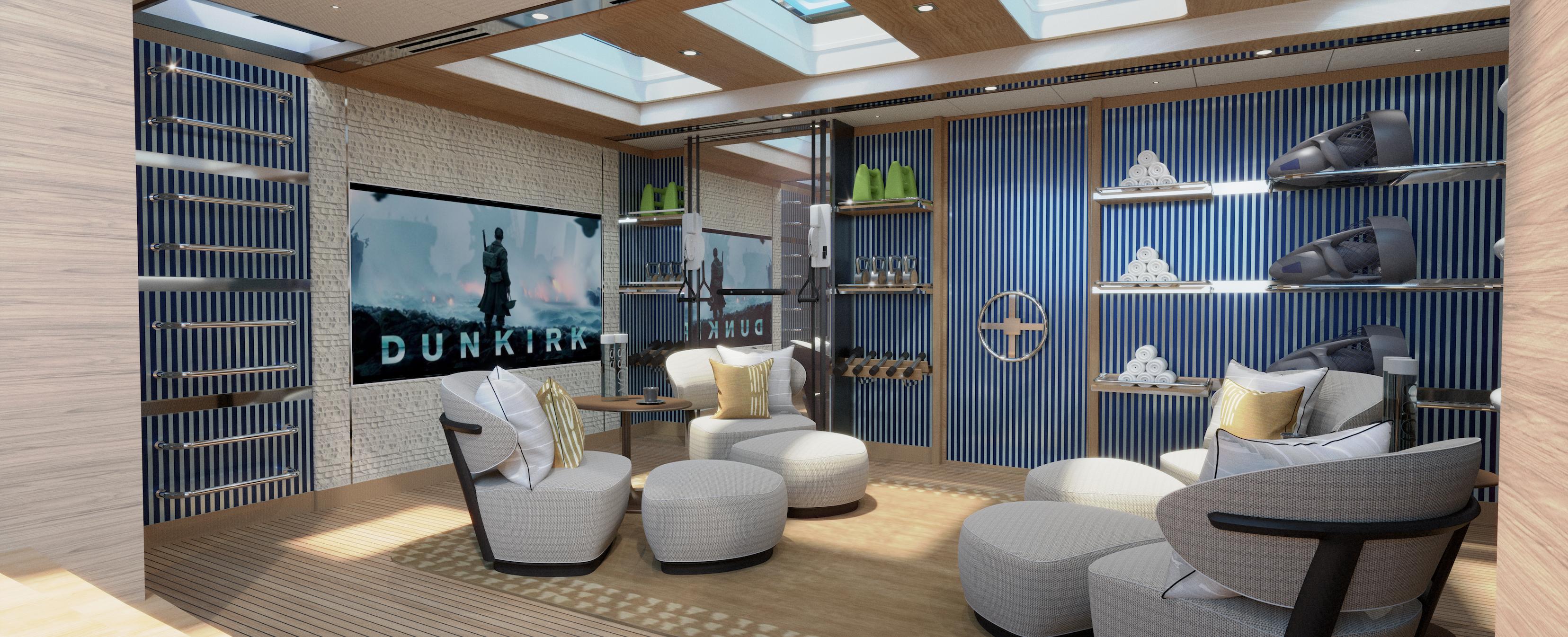 Luxurious yacht interior with modern seating, large screen, and elegant decor, ARES SPITFIRE 2027.