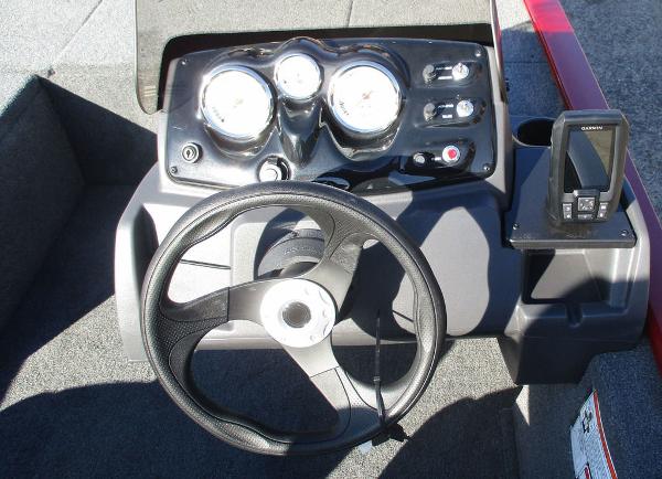 2025 Tracker Pro 170 boat dashboard with steering wheel and gauges.