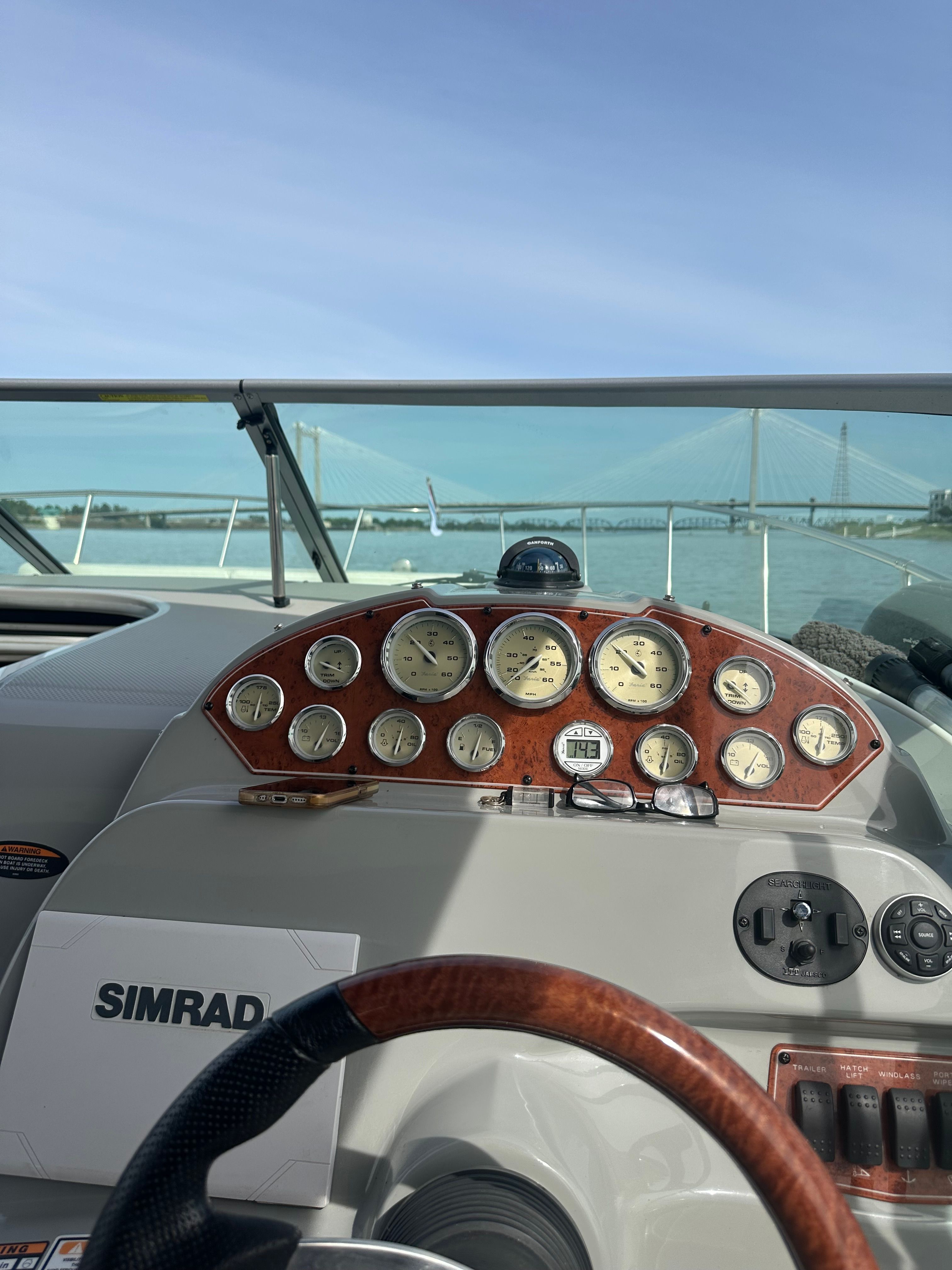 Dashboard of a 2008 Bayliner 340 with Simrad navigation.
