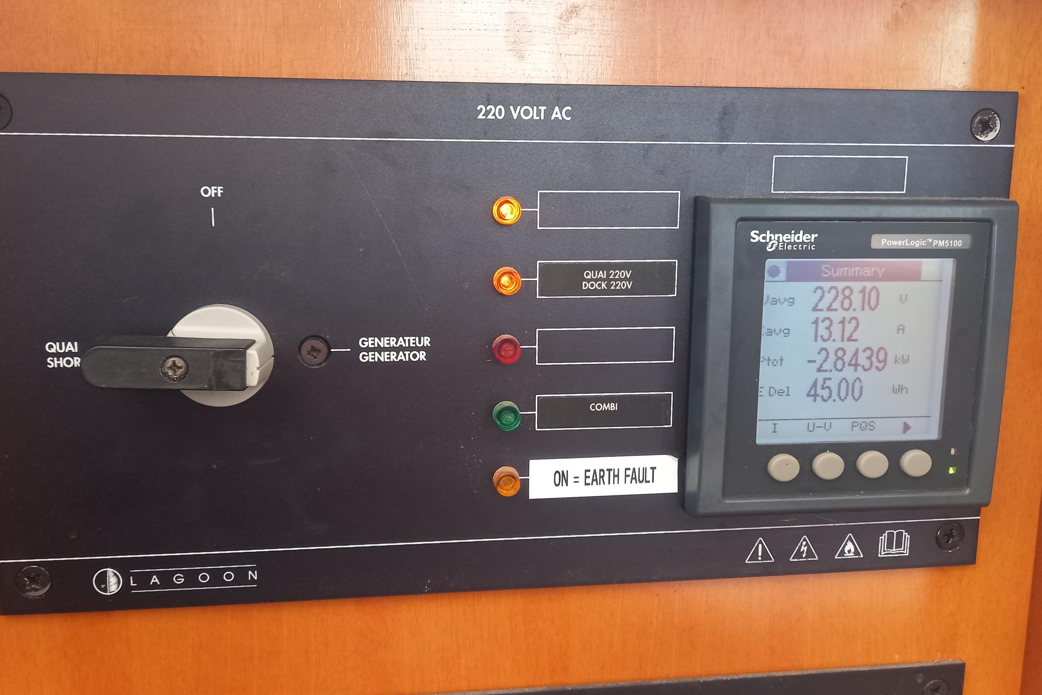 Electrical control panel of a 2002 Lagoon 470 yacht with Schneider Electric display.