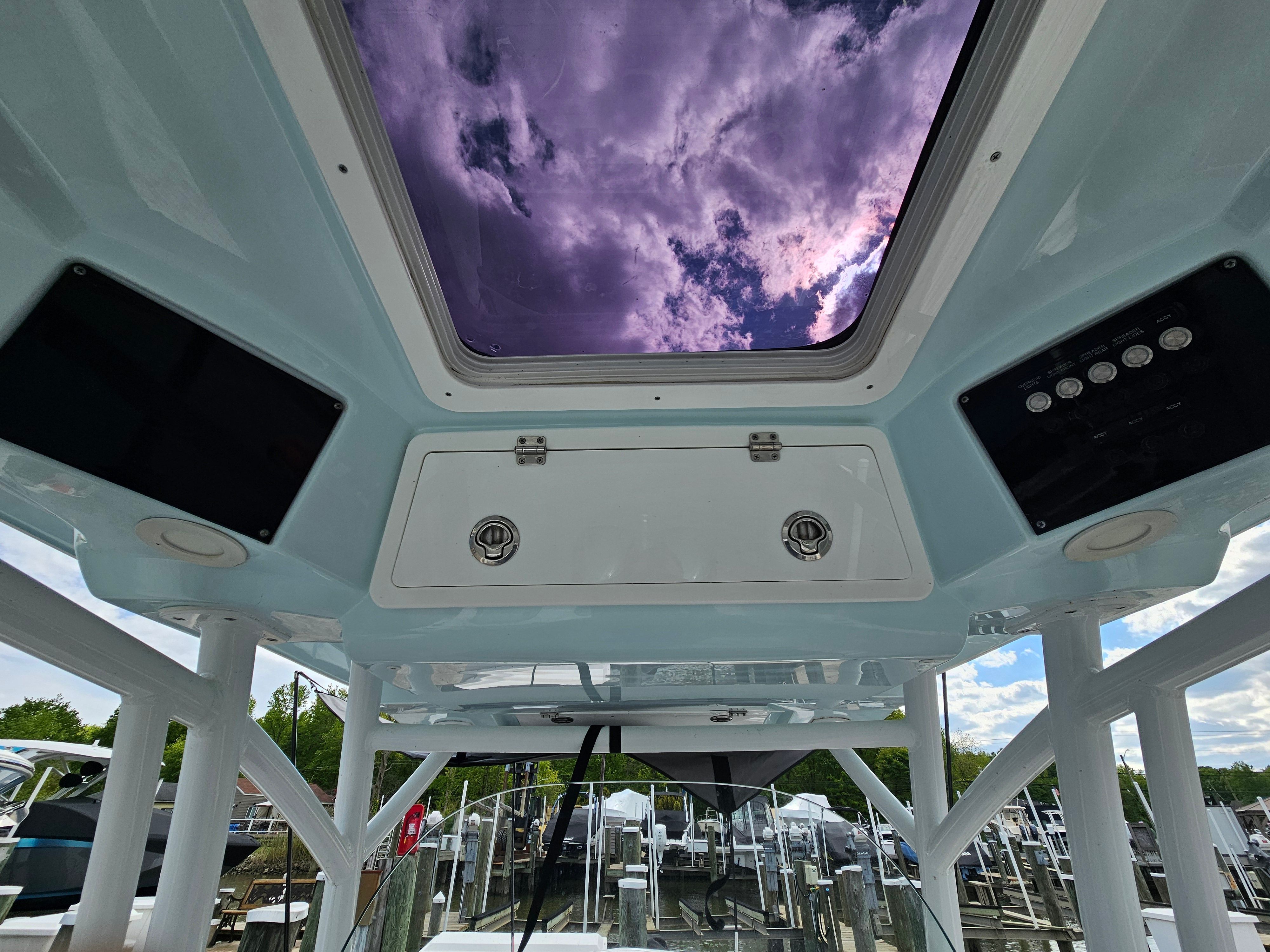 Interior view of 2021 Sea Fox 288 Commander with sky window.
