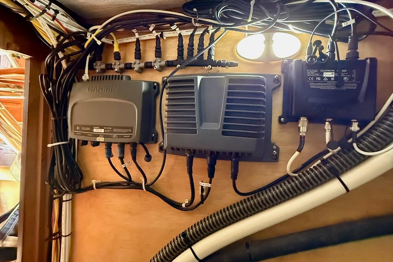 Electrical panel with Garmin devices on a 2015 Sabre 38 Salon Express yacht.