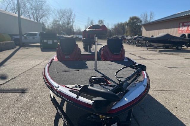 2026 Nitro Z17 boat in outdoor storage, featuring dual seats and a trolling motor.