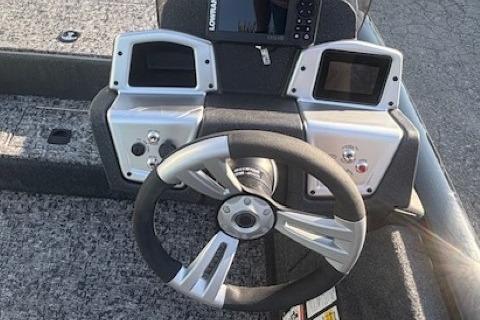 Steering console of 2026 Tracker Pro Team 195 boat with modern controls and displays.