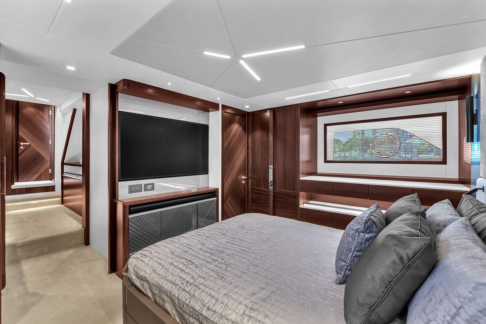Luxurious interior of 2023 Sunseeker Manhattan 68 yacht with modern design and elegant furnishings.