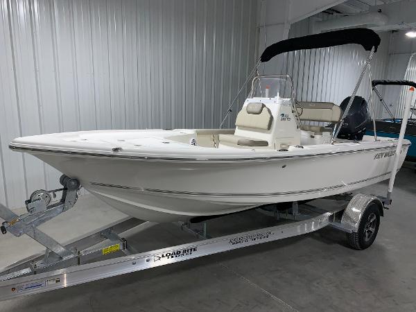 2026 Key West 188 Bay Reef boat on trailer in indoor storage.