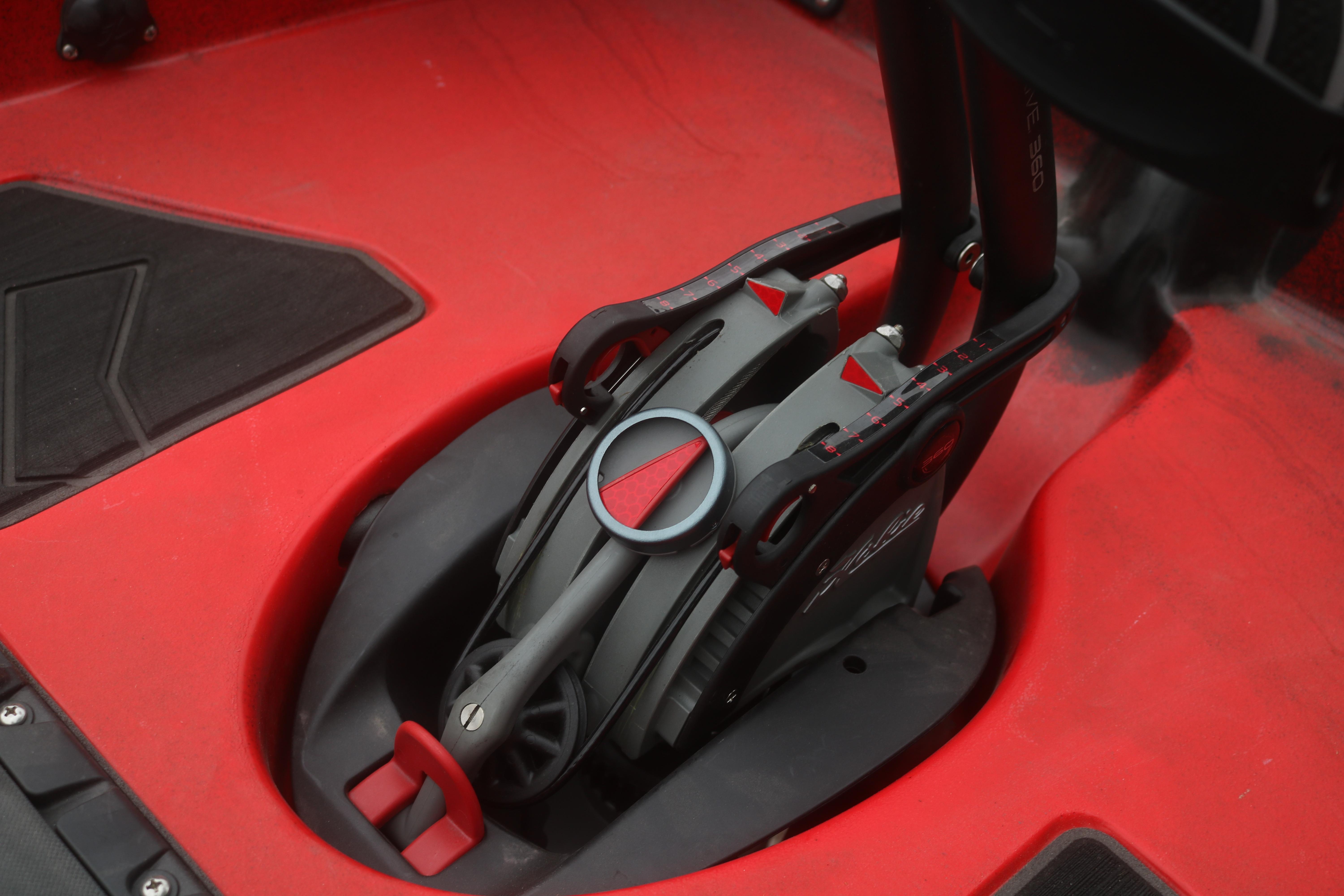 Close-up of 2023 Hobie Mirage Pro Angler 14 pedal drive system in red kayak.