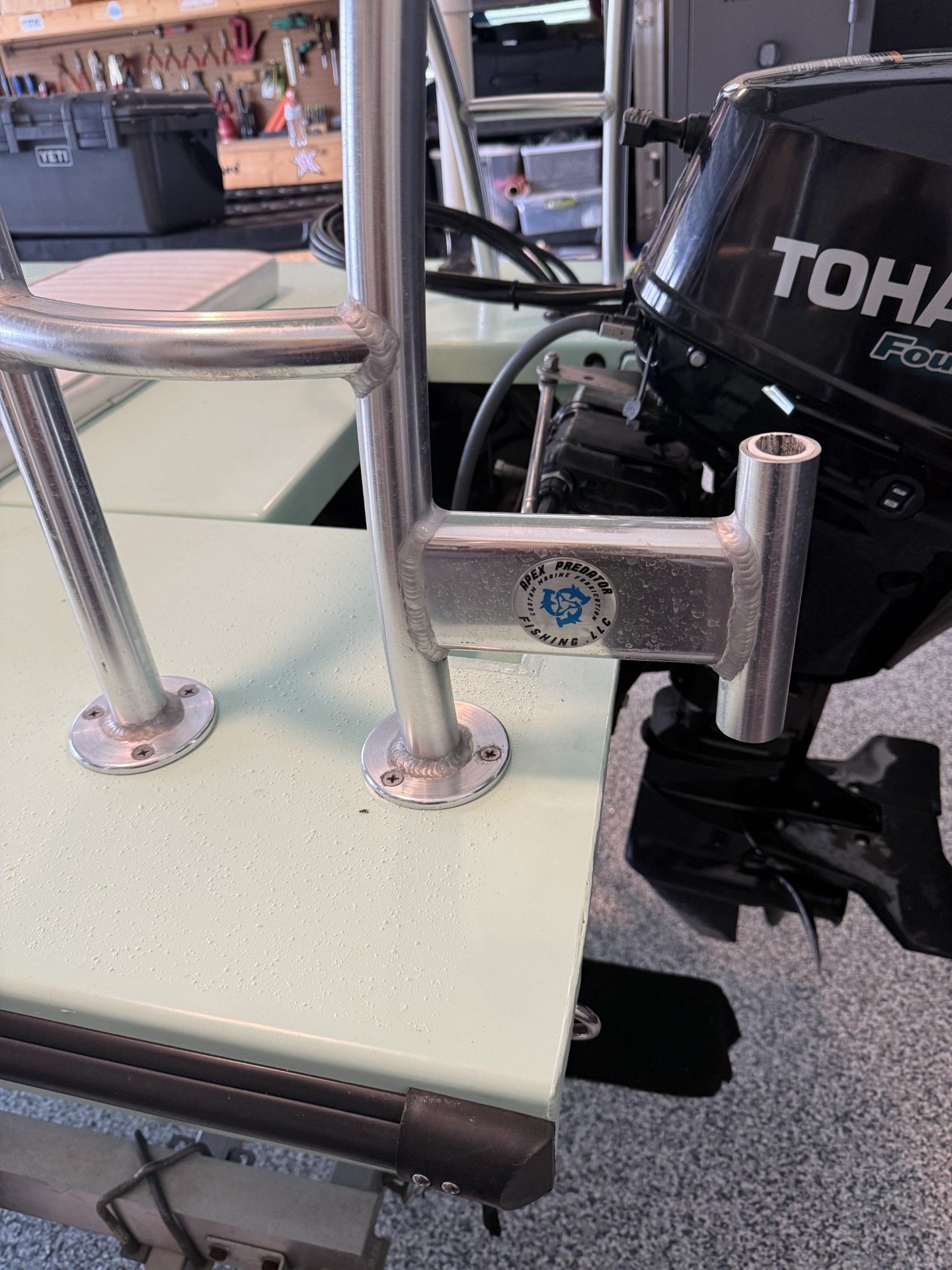 Boat motor mount with Tohatsu engine, SaltMarsh 1444 model, 2018.