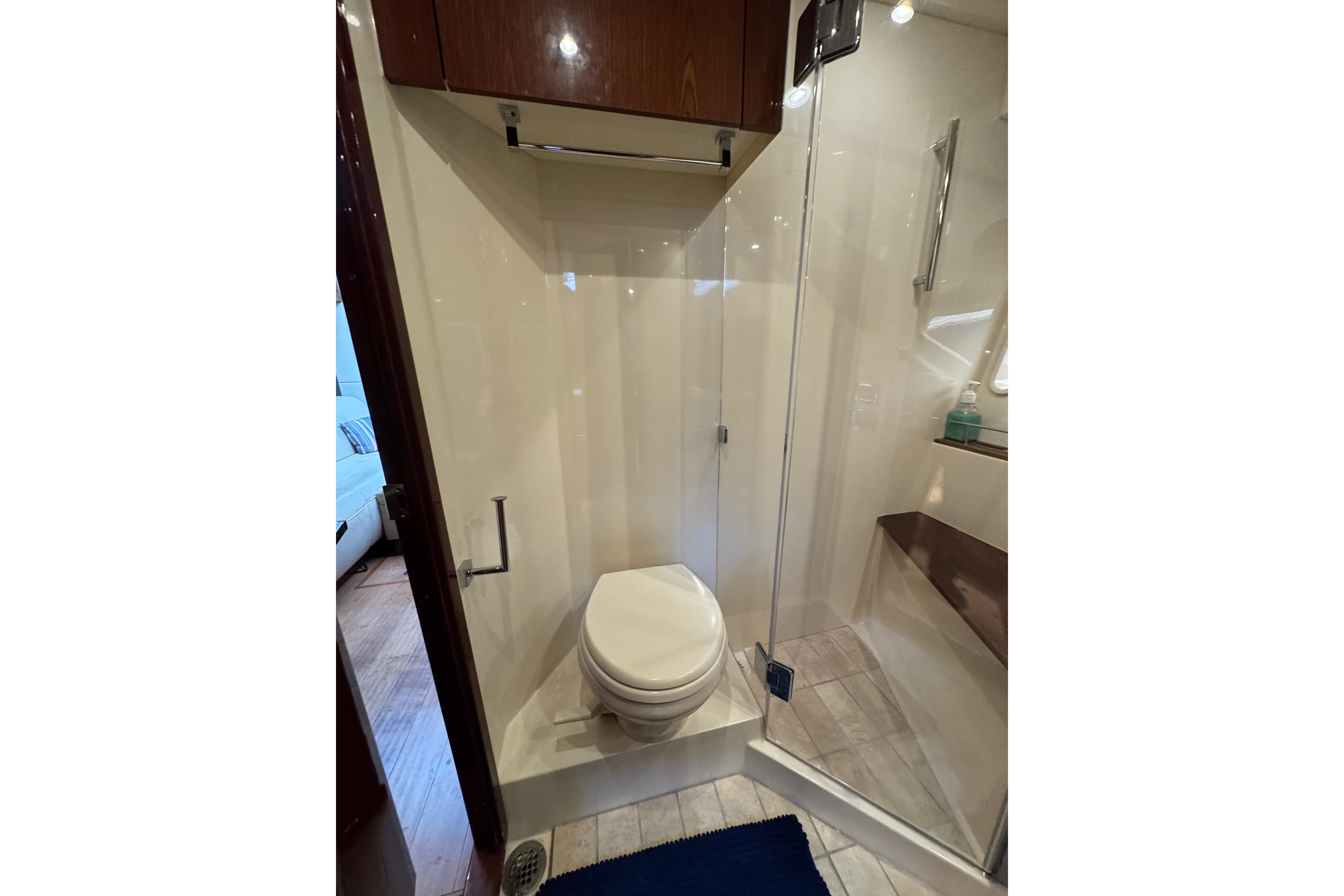 Luxurious bathroom in 2015 Sea Ray Sundancer 510 yacht with shower and toilet.