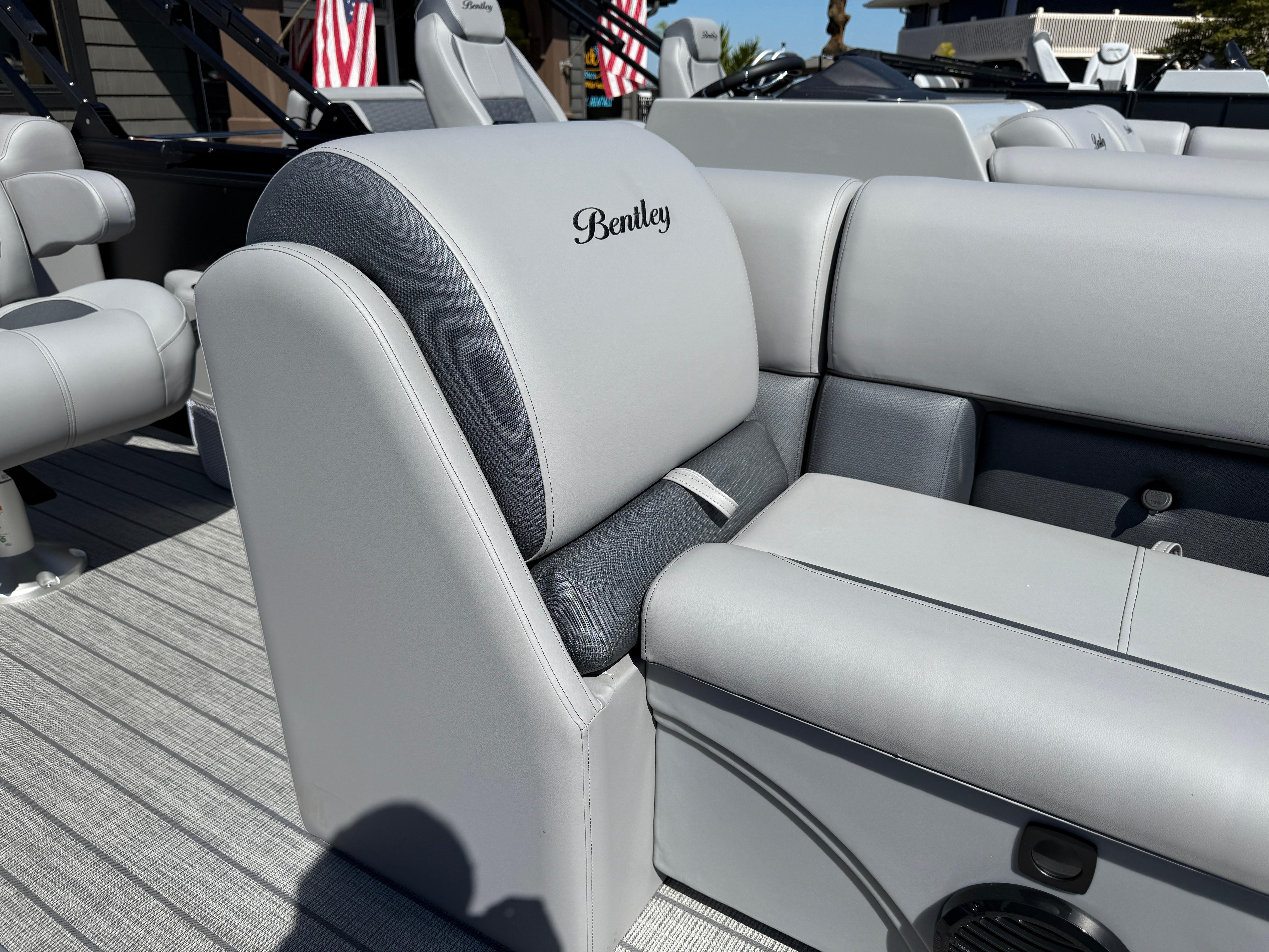 2026 Bentley Pontoons Legacy 223 Navigator, luxurious gray seating detail.